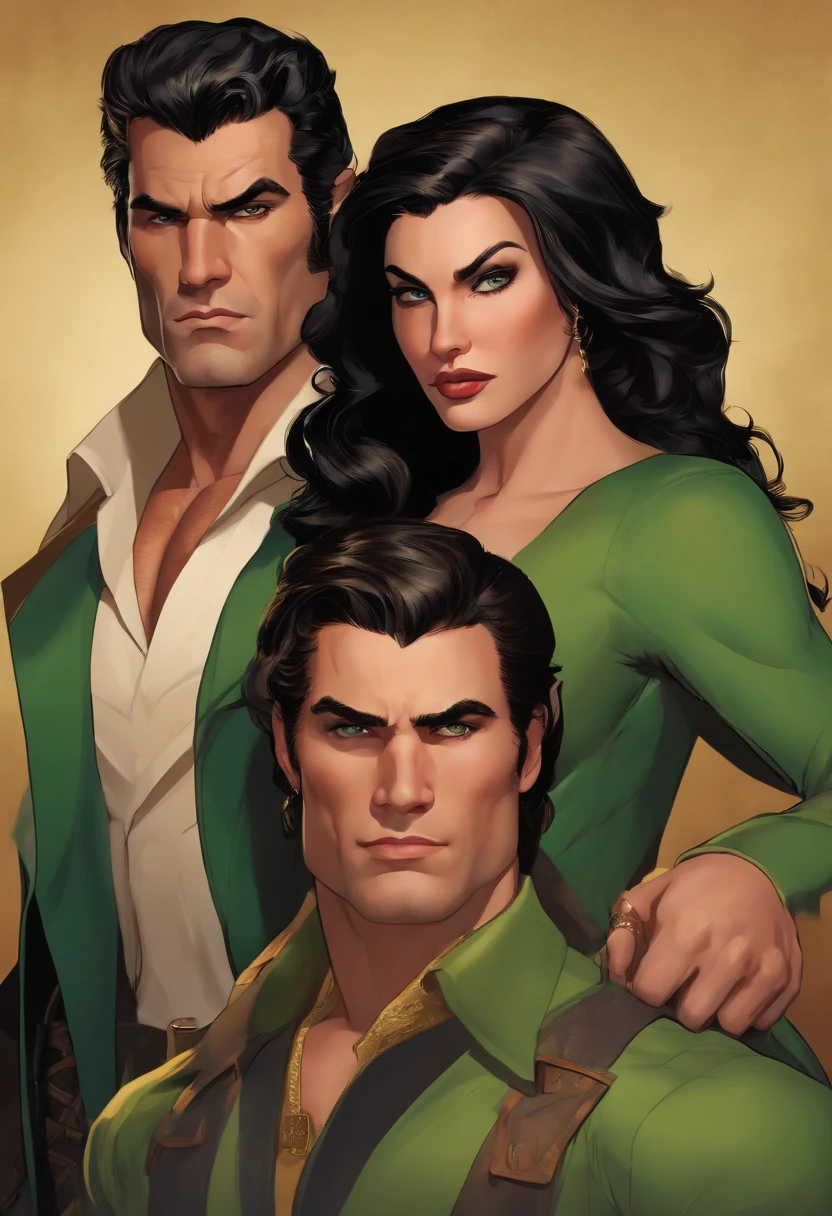 Model of a tall, muscular man, black  hair, Black horns, coat, serious frowning face, green colored eyes, A daughter is standing next to her.