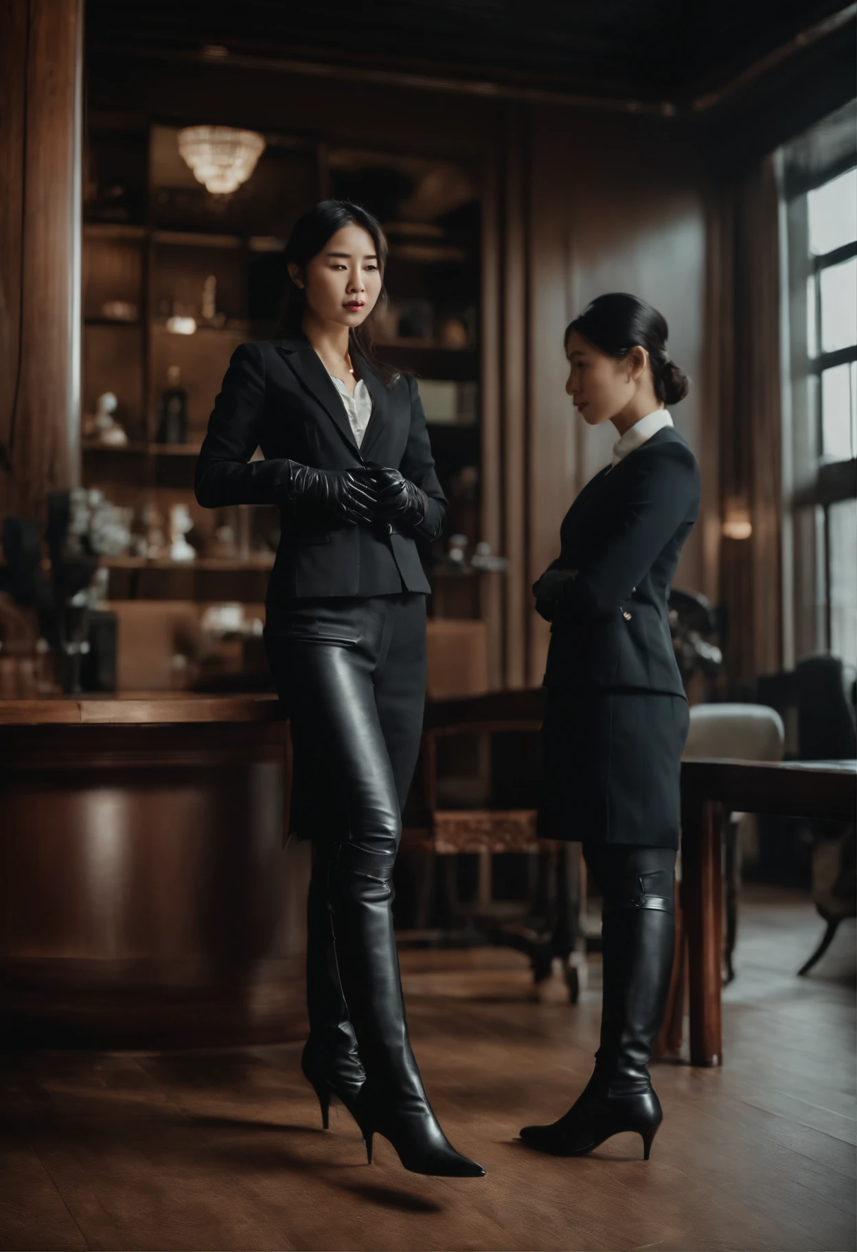 Business suits　Black leather gloves　long boots　Face-to-face　Young japanese lady　reception