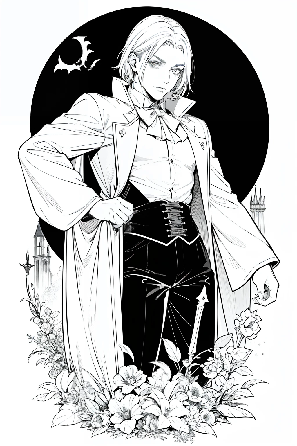 Obra maestra, superlativo, young vampire male very masculine, solamente, Halloween , castle fondo blanco, monocromo, line drawing, ((bosquejo)), spooky, spooky Halloween , white eyes,