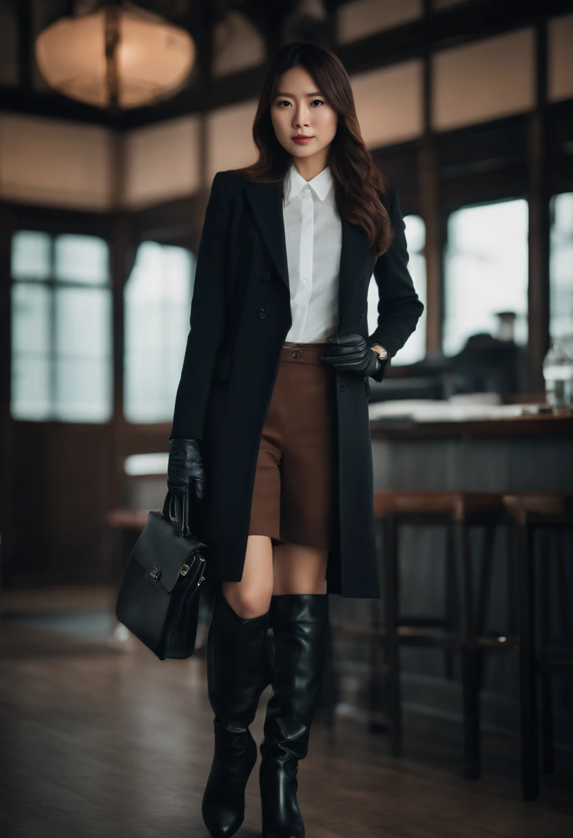 Business suits Black leather gloves long boots Face-to-face Young japanese lady Report on your smartphone