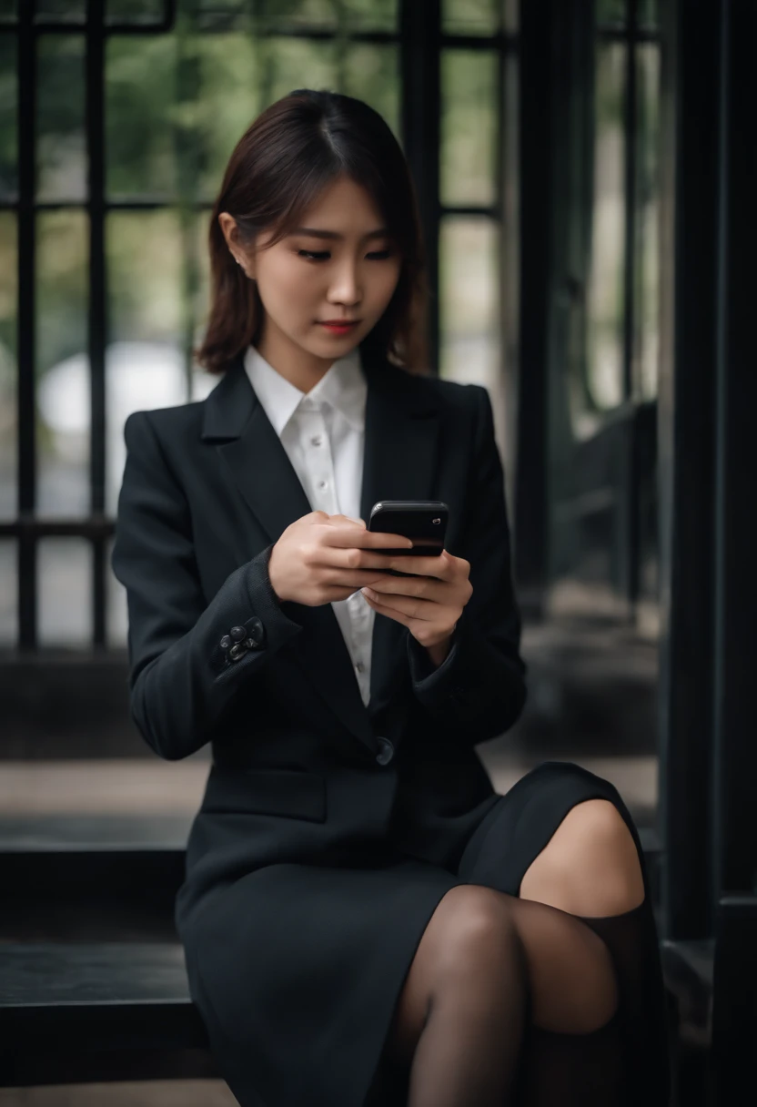 Business suits Black leather gloves long boots Face-to-face Young japanese lady Report on your smartphone