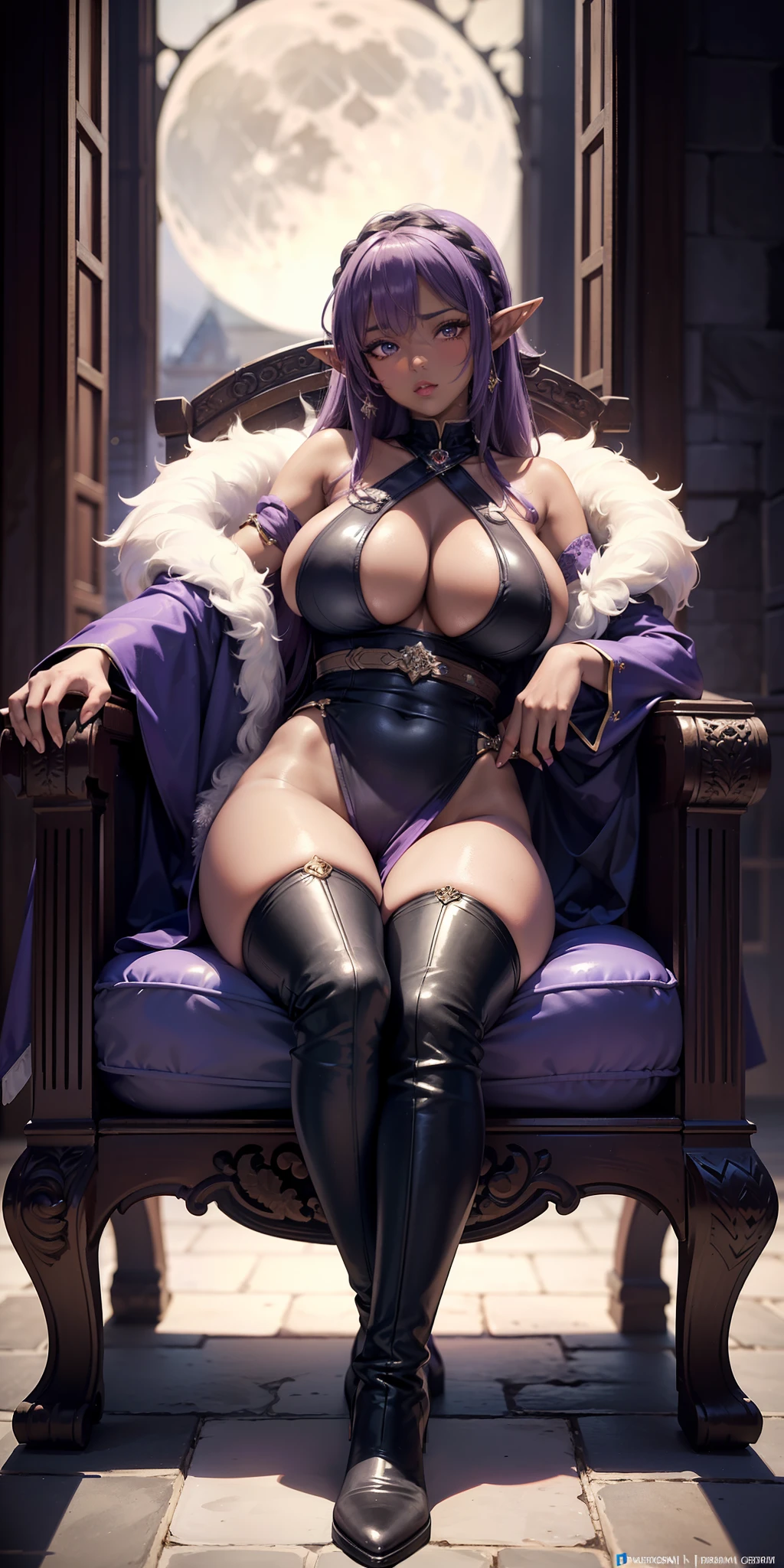 Big breasts, BUSTY ((((sexy elf, Dark Skin skin)))) ((dark lilac hair)) ((bangs on one side)) extremely sexy body ((sexy dress made of the same material as the boots)) (her beautiful BIG BREASTS are Exposed, covered by strong material resistant material) only ((sexy mini panties made of resistant latex material)) ((Lilac boots braided in the middle of carbon material)) ((she is almost lying on the throne, she is all fussy sitting on comfortable throne, legs open, leg bowed)), (((throne is covered with comfortable fluffy material))) ((superior quality masterpiece)) ((quality image)) lips parted, hand in hair , gloomy night, castle hall, she is the personification of sensuality, she is the personification of female superiority, gigantic medieval window in the background, full moon seen through the gigantic medieval style window behind the throne, moonlight highlights her beauty