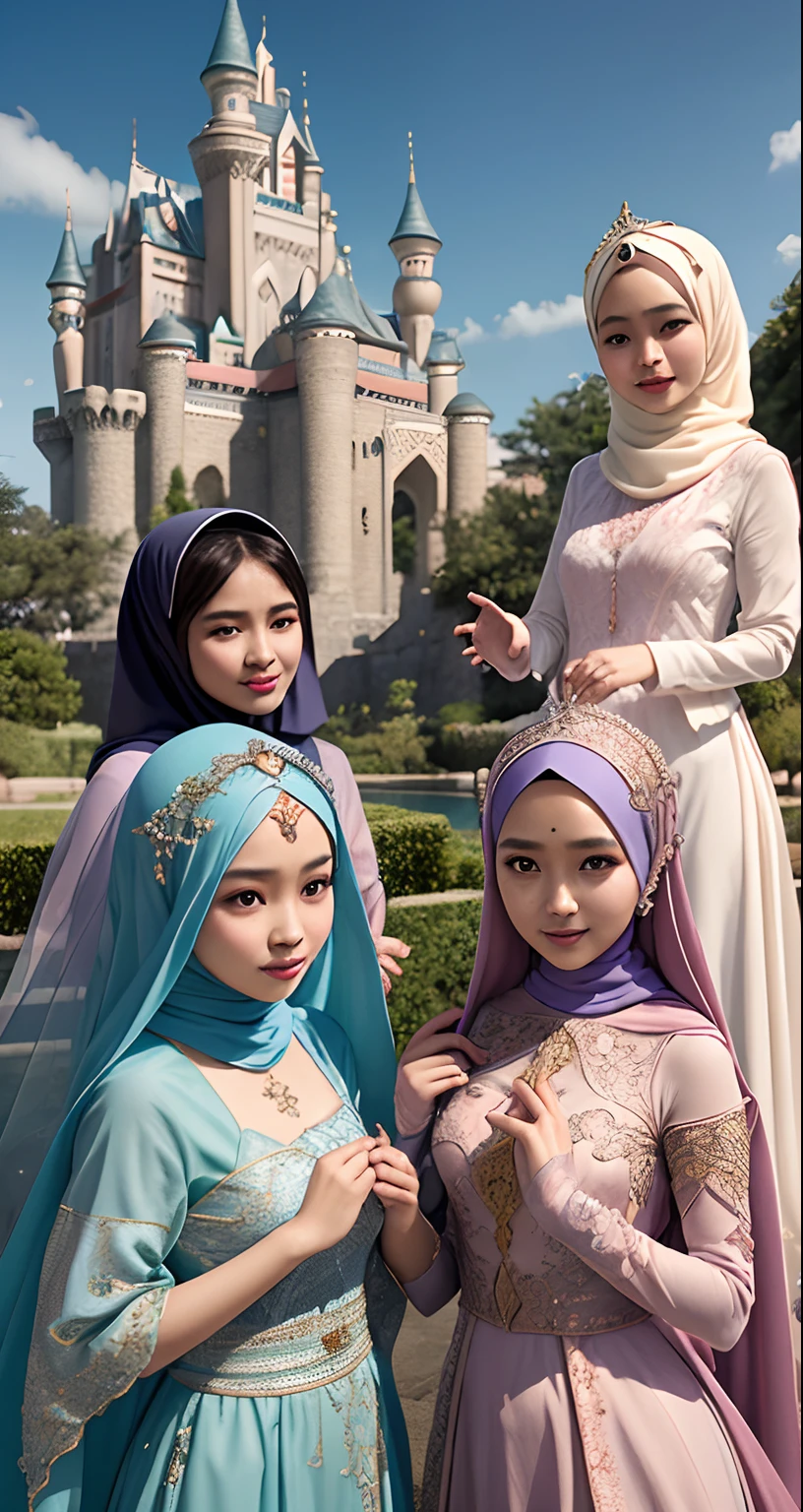 Design a dreamlike and enchanting portrait where three Malay girls in hijab embody the charm and grace of fairy tale princesses, surrounded by a magical castle and whimsical creatures