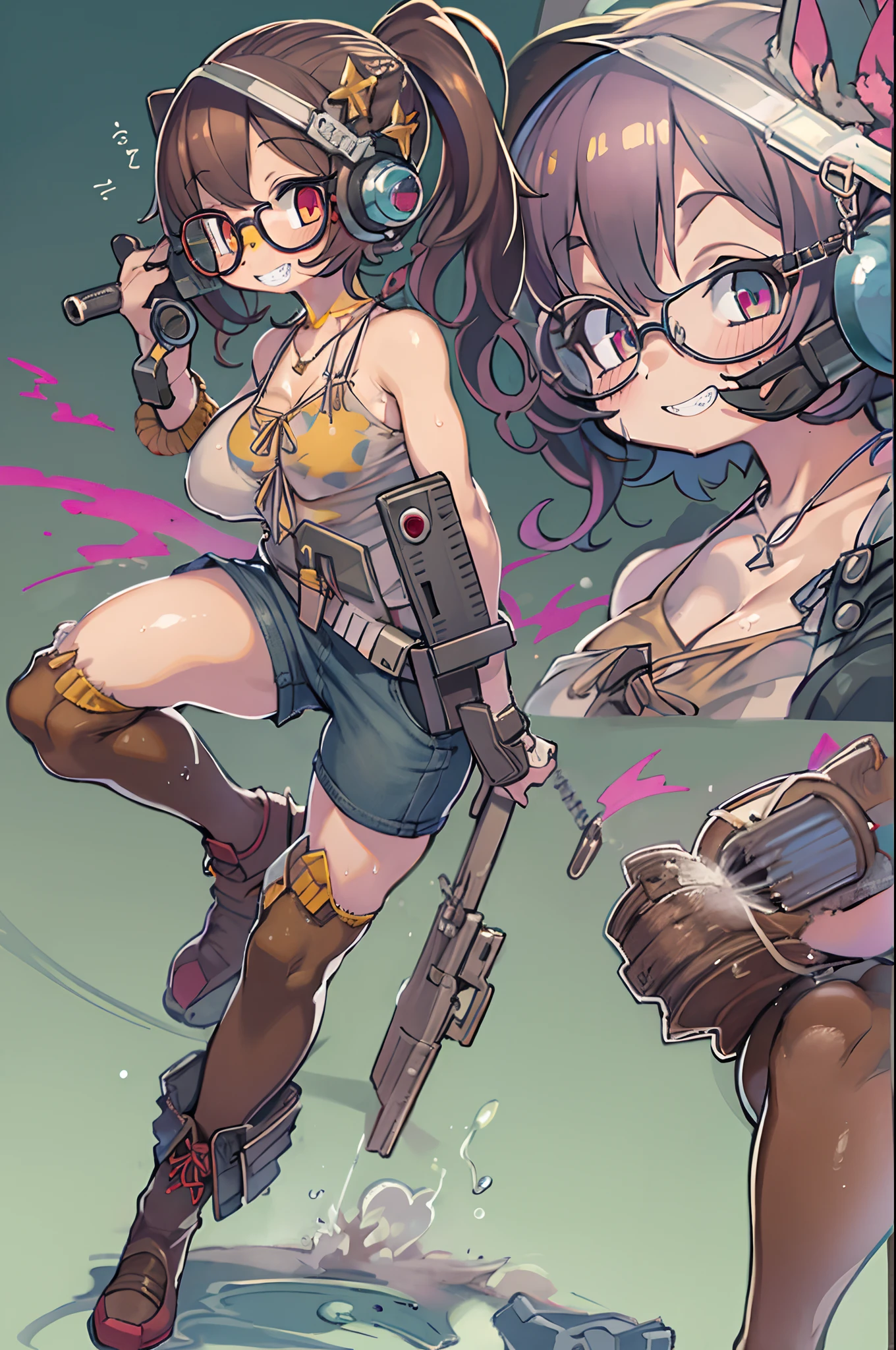 masutepiece, Best Quality, 1girl in, Sharp eyes, Smile,rocket launcher、big round glasses,Camisole、Jagged teeth