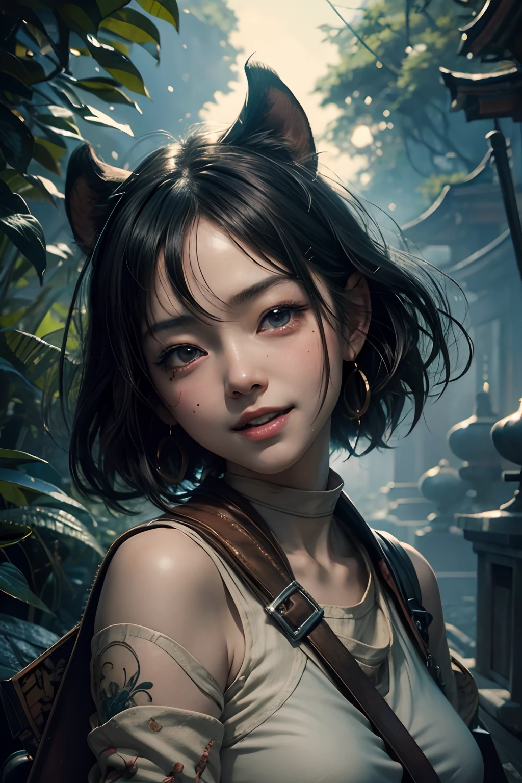 art by katsuya terada, art by range murata, art by akiman, art by JUNNY, High angle shot portrait of cute slender Young Japanese girl with a winking one eye and big smile, Realistic skin texture, Few moderate moles, head tilt, open mouth wide, Fushimi Inari-taisha shrine, cinematic lighting, highly detailed, ray tracing, digital painting, concept art, smooth, sharp focus, illustration, 8k