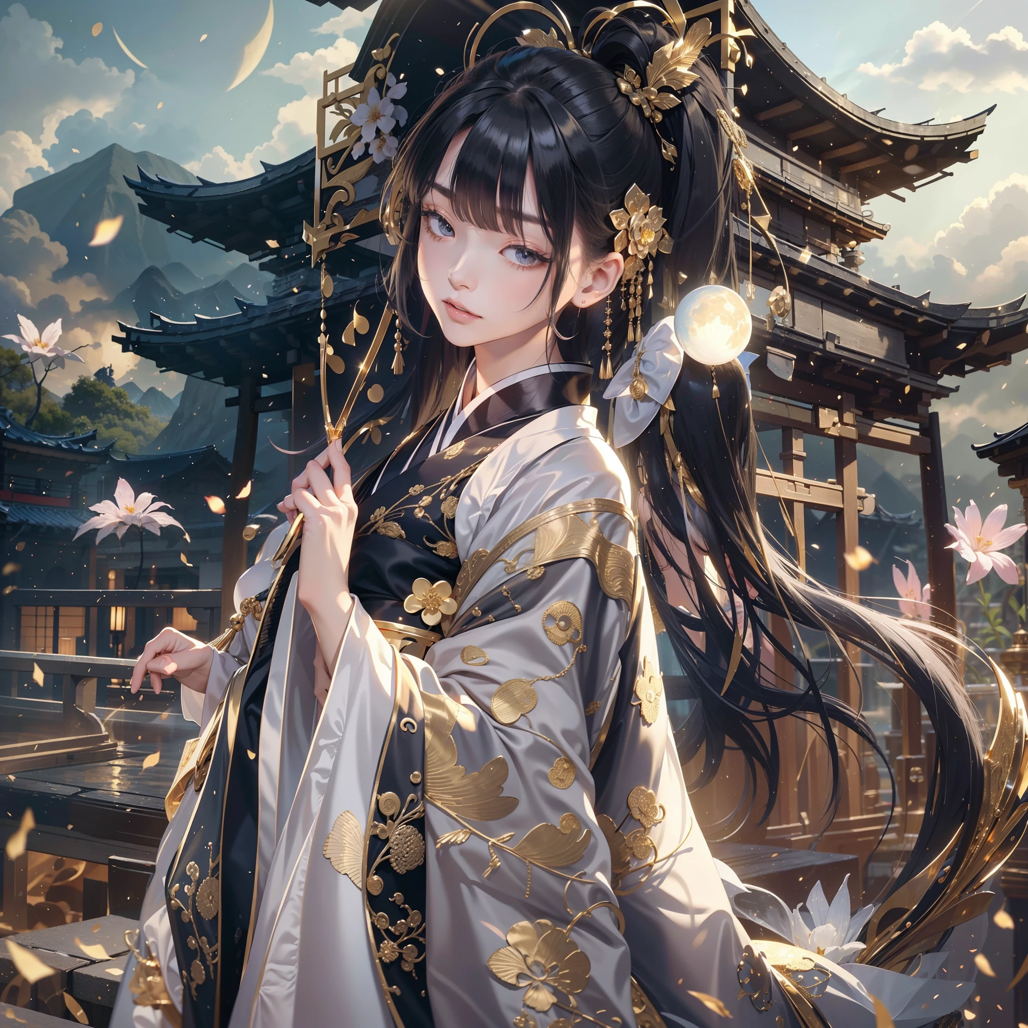 watching at viewers、Ancient capital and moon in the background、poneyTail、Woman with shiny black hair、{{{Luxury kimono(Black kimono(Detailed golden embroidery,))}}}、face perfect,Depict a beautiful and graceful woman of Japan。Heart in the eye。full body Esbian。 Wallpaper 8K, .Blur the background with a sickle,((masutepiece)), ((Best Quality))