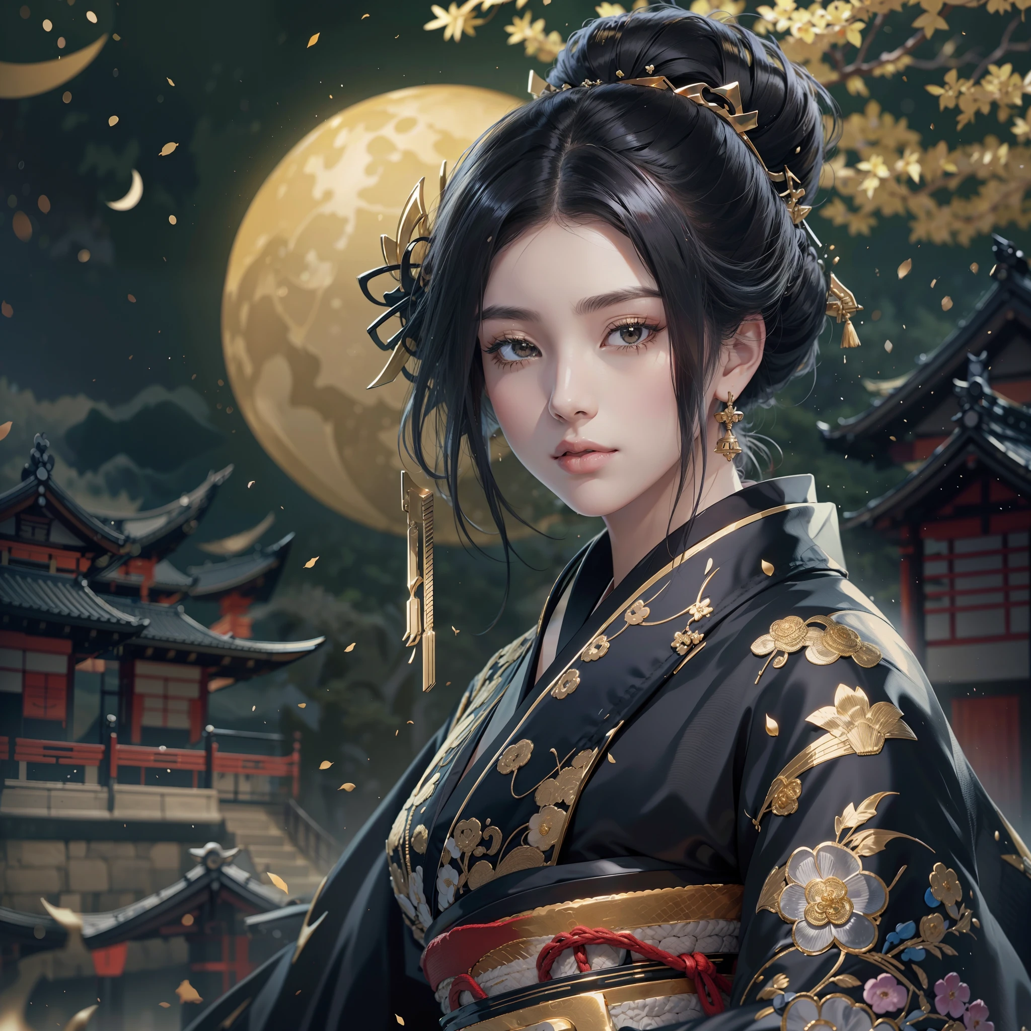 watching at viewers、Ancient capital and moon in the background、poneyTail、Woman with shiny black hair、{{{Luxury kimono(Black kimono(Detailed golden embroidery,))}}}、face perfect,Depict a beautiful and graceful woman of Japan。Heart in the eye。full body Esbian。 Wallpaper 8K, .Blur the background with a sickle,((masutepiece)), ((Best Quality))
