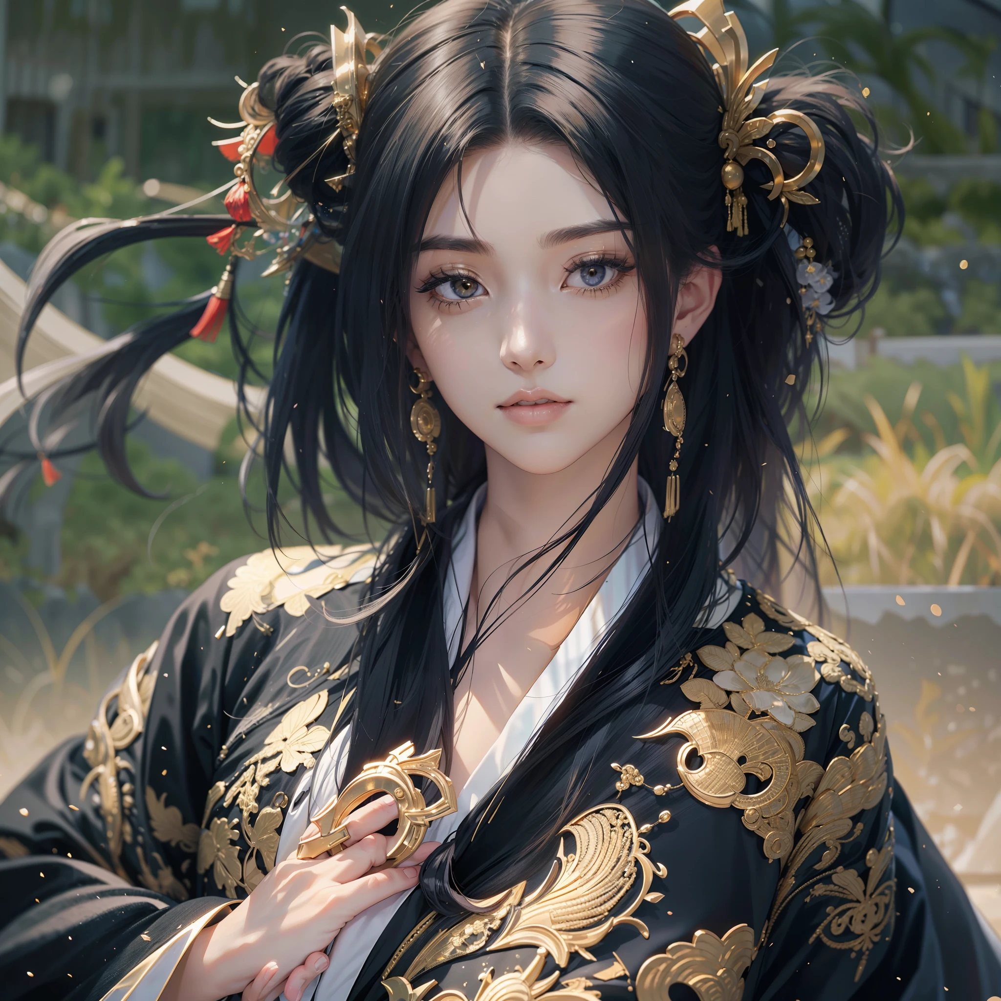 watching at viewers、Ancient capital and moon in the background、poneyTail、Woman with shiny black hair、{{{Luxury kimono(Black kimono(Detailed golden embroidery,))}}}、face perfect,Depict a beautiful and graceful woman of Japan。Heart in the eye。full body Esbian。 Wallpaper 8K, .Blur the background with a sickle,((masutepiece)), ((Best Quality))