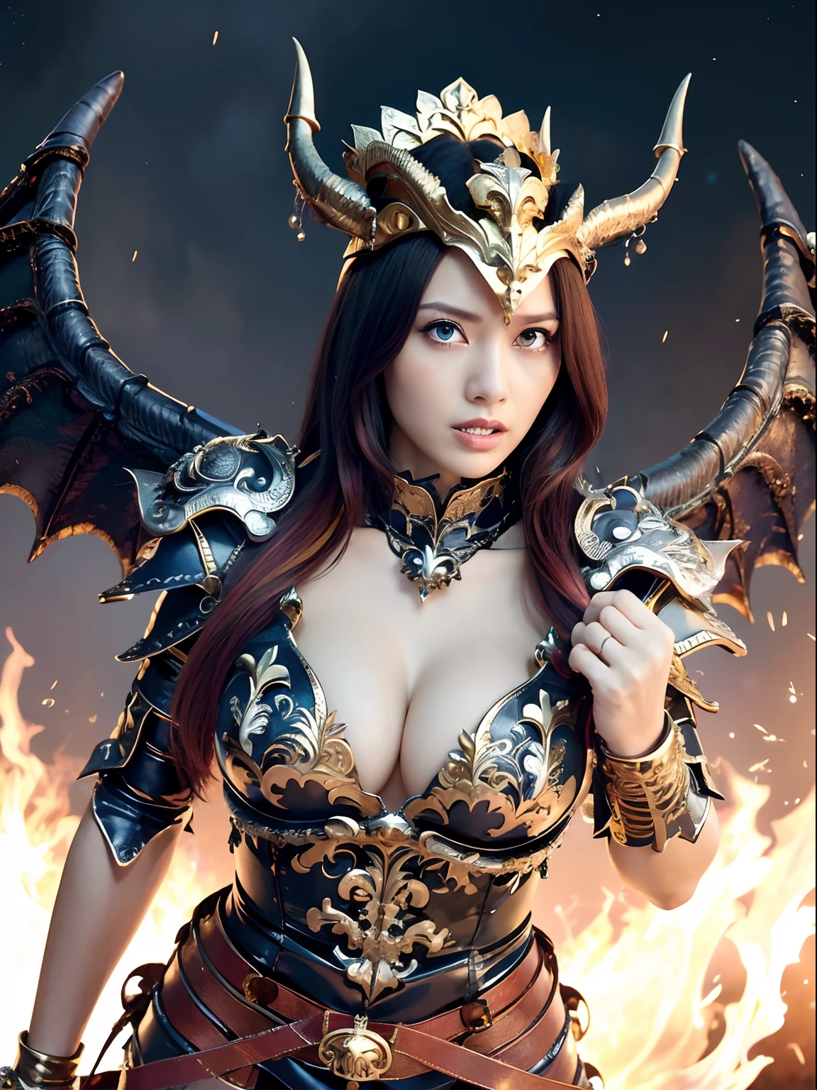 Professional , masterpiece、top-quality、photos realistic 、(Dragon Black Metal Body:1.9),(Matte Blue Silver、(Night World)、(cleavage of the breast)、Dragon Gold Weapon、(Micro Bikini Armor:1.4),Mystical expression、Gorgeous gold weapons ,(Fight dragons)、Seductive look、(( Dragon's dense and gorgeous sword)) , (demonic wings) ,Detail and gorgeous crown、((a blond))、(Castle background)、((Gangle's forest background))、Beautiful Caucasian beauty、1a person、dynamic ungle,(((Detailed and ornate dragon helmet)))、Smaller head、A smile、Castle background、Thin and beautiful female hands、cleavage of the breast、Soldier in iron armor on background、Mystical expression、Light Effects、intense fighting、Wind-effect、magic circles、With the legendary magic wand、Dragon's tail、fight、