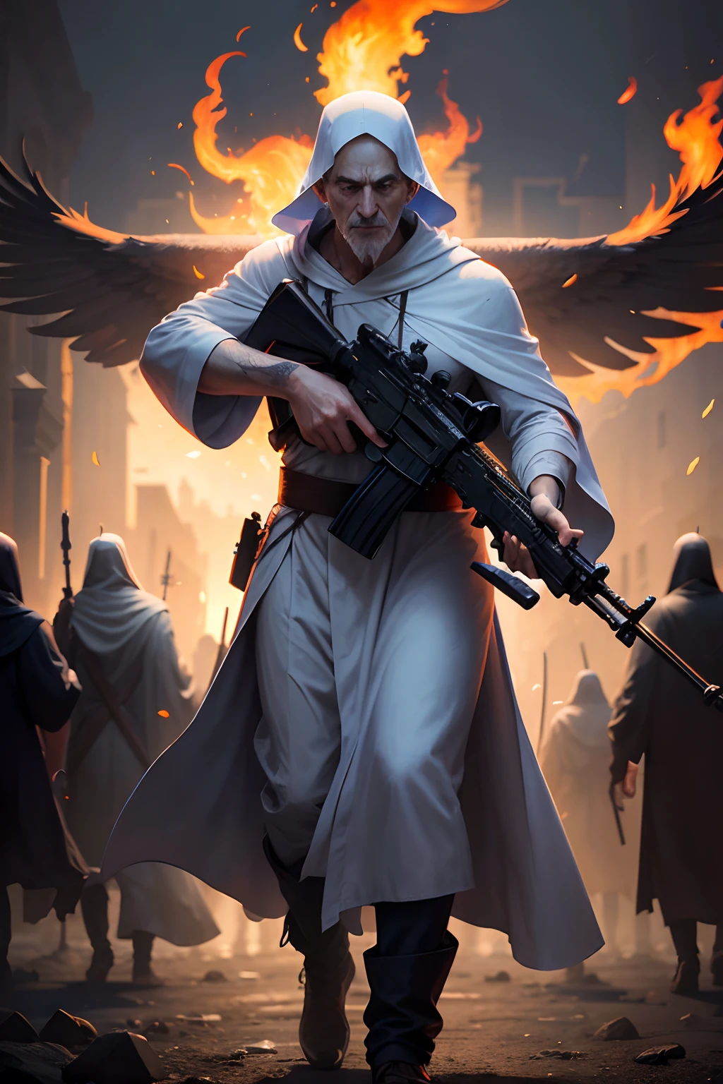 Priest in sacred robes holding an AK-47 gun against demons, sharp shadows , inferno ao fundo, rosto super detalhado, poros no rosto, 8k, exorcismo, Demons in the background , ultrarealismo