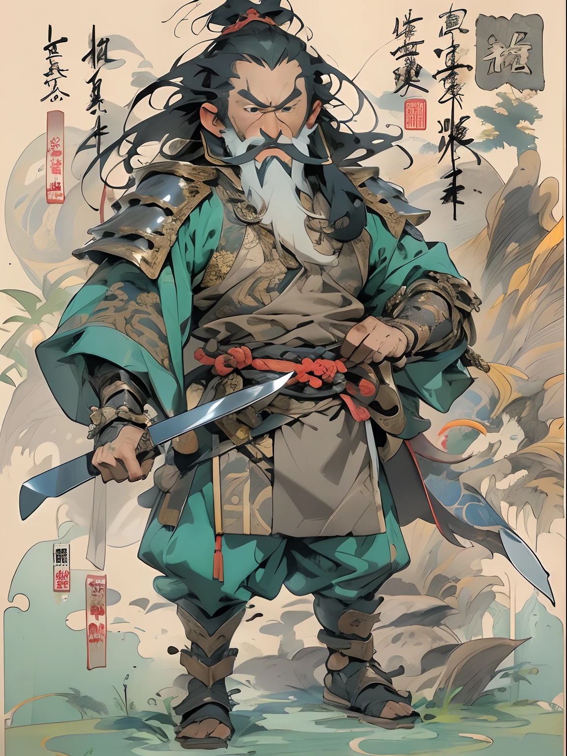 (((China-style,Ink painting method,Half-length portrait,Intense color,Han dynasty, China,Hanfu,Armor,Guan yu,Guan Yunchang,of a guy,Ruddy killing square face,Hold the Blue Dragon Moon Knife in his right hand,Stroke your beard with your left hand,Long hair,petty eyes,Green robe))), (((best qualityer))), (((tmasterpiece))), (((AS-Adult))), ((( Japanese ))), Look up from your knees, Handsome Asian samurai,perfect body figure, Modern samurai, ((( Asian))), Wear gloves on your hands,The left arm is made of steel and metal tips,Made of protective devices, The eyes are pulled, (( Appears below the chest )), (( Small dental floss )), Simon Bisley, Almost naked(Simon Bisley)Castle City Wilderness,For high-resolution posters, hair straight, Minimum clothing, armure (Crazy clothes ), Full of tips and rivets, tribal tattoos, (((full bodyesbian))), Straight brunette hair,Colored hair ends