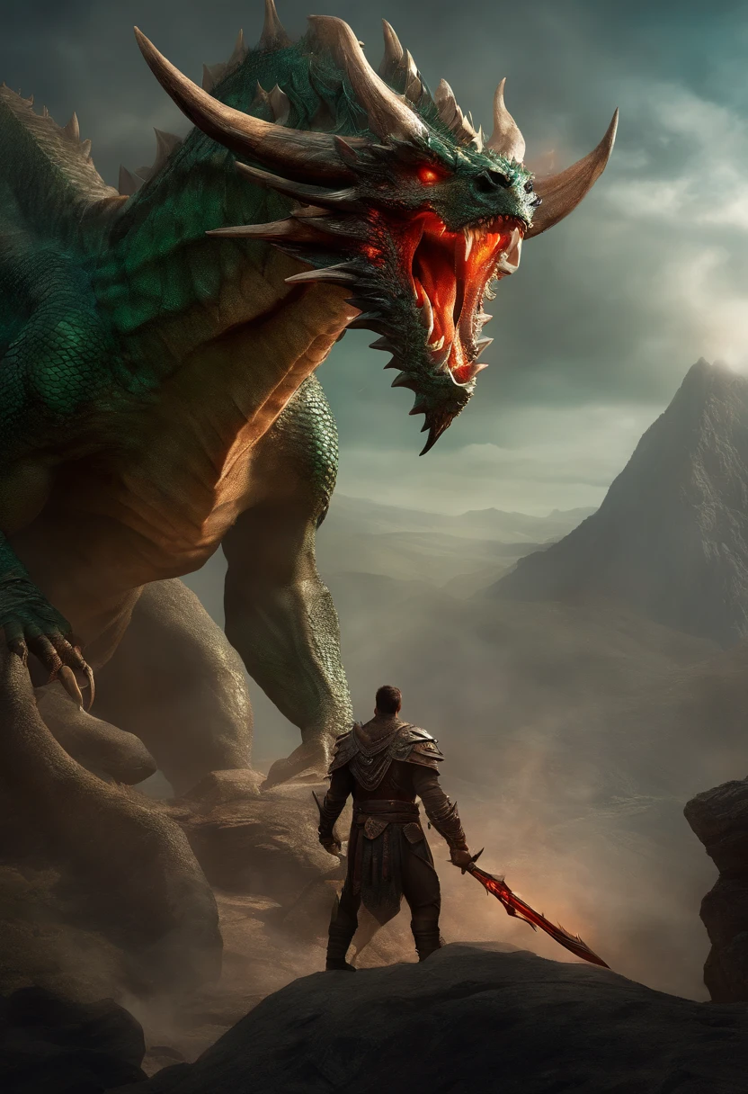 A hyperrealistic digital concept art visual of a formidable dragon warrior hunter, humanoid body with green-cyan scale skin glinting in the fiery light, muscular limbs ending in vicious claws ready to attack, an elongated spiked dragon head with glowing blood-red eyes conveying a deadly intensity, two branching deer antlers atop its head, posed against a stark cliffside, every individual scale textured and detailed, creating an intimidating RPG character design with a menacing expression.