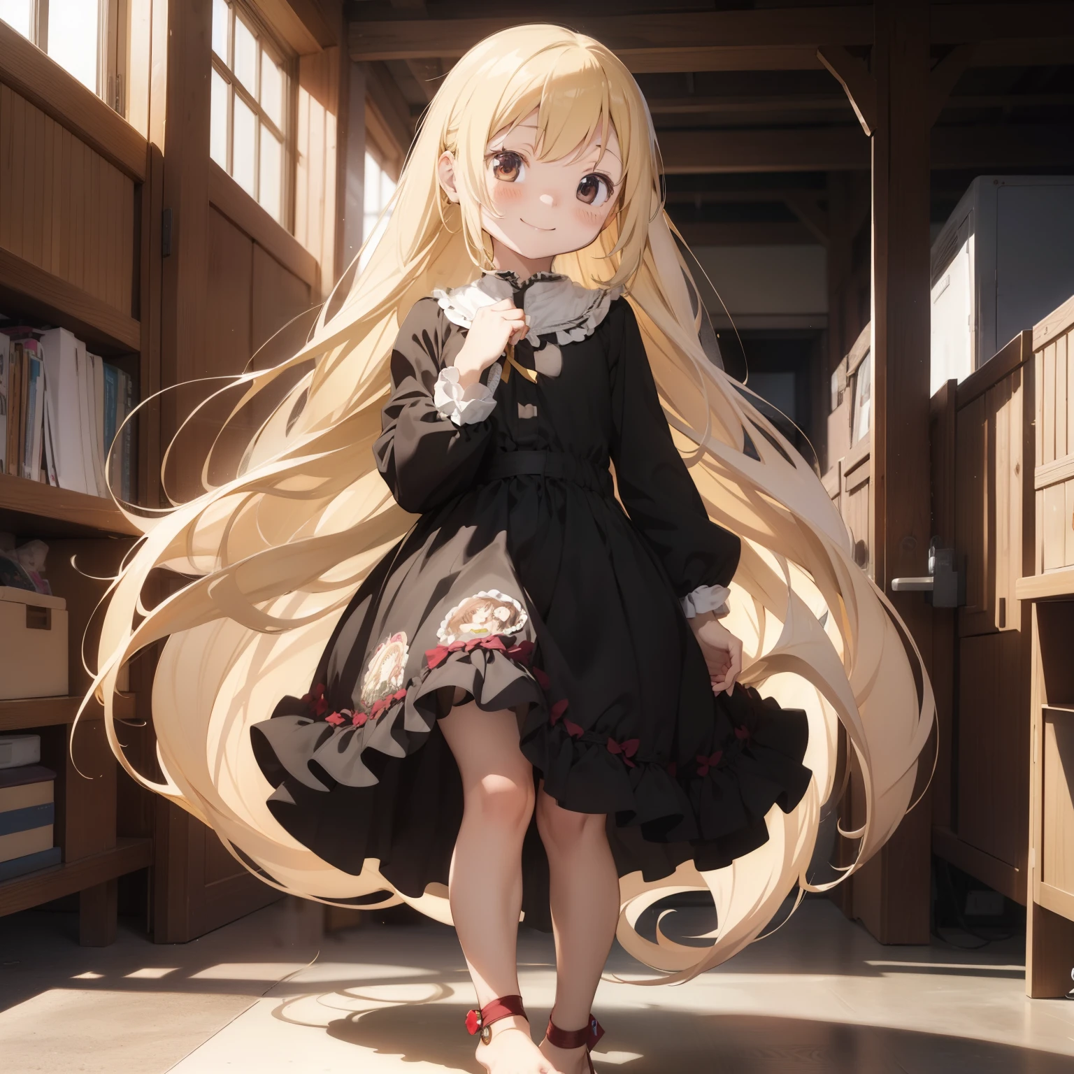 best_quality:1.4, Very long term, Very large eyes, (toddlers), (Lori), very small stature, a blond, (Low long hair:1.4), brown-eyed, barefoot, heels, a smile, Puella Magi Madoka, machine guns, Black ruffles