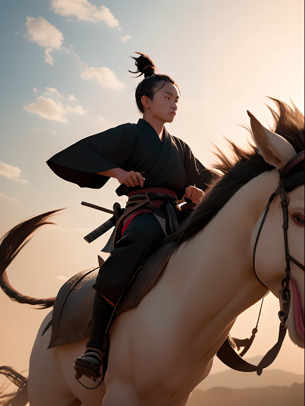 samurais，black-clad，Riding a monster，The background is the setting sun，evening light，4K Ultra HD, 超高分辨率, (Photorealistic: 1.4), Best quality，Masterpiece，Utra dilution，（pastel colour：1.2）
