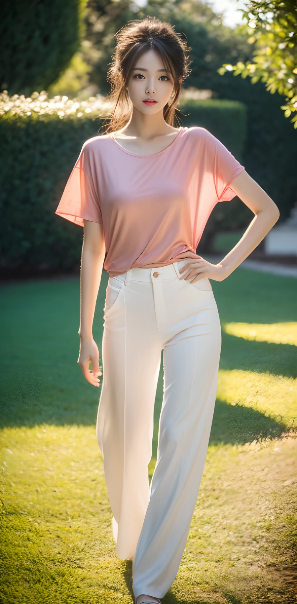 1 beautiful woman taking pictures on the grass of the villa,RAW photos,tmasterpiece,(highdetailskin:1.2),8k ultra high definition,digital SLR camera,gentlesoftlighting,high high quality,filmgrain,富士XT3,20 years old Asian woman,Wear simple clothes,T-shirt and white loose slacks(((white wide-leg pants,cargo pants,casual pants))),Detailed clothing details:1.3,perfect body figure,Perfect breasts and nipple bulge,The legs are straight and slender,Branded stylish shoes:0.6,Super detailed facial details and skin,Fair pink face and skin,The skin is pink,with light glowing,二重まぶた,Super detailed eyes,(Gloss on lips, eyeslashes, Glossy face, Best quality, Super high resolution, warm color,Wide lighting, naturalshadow), Sexy, Full body shooting: 1.8