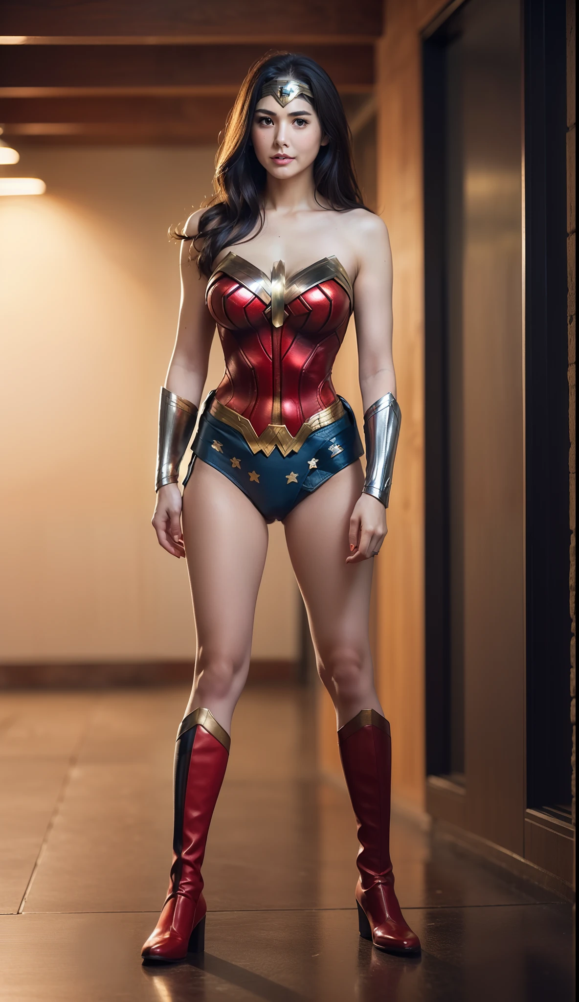 ((masterpiece, 8K, 3D, Realistic, Super Detail)), (1girl:1.3), slender , Ultra Micro photography, Super realistic, Perfect face, Beautiful features, ((Perfect female body)) Beautiful features, ( body), ((small hips)), Lisa Blackpink as Wonder woman suit ((Exposed thigh)), Exposed Skin, Front Full body Shot, full body portrait, futuristic city background
