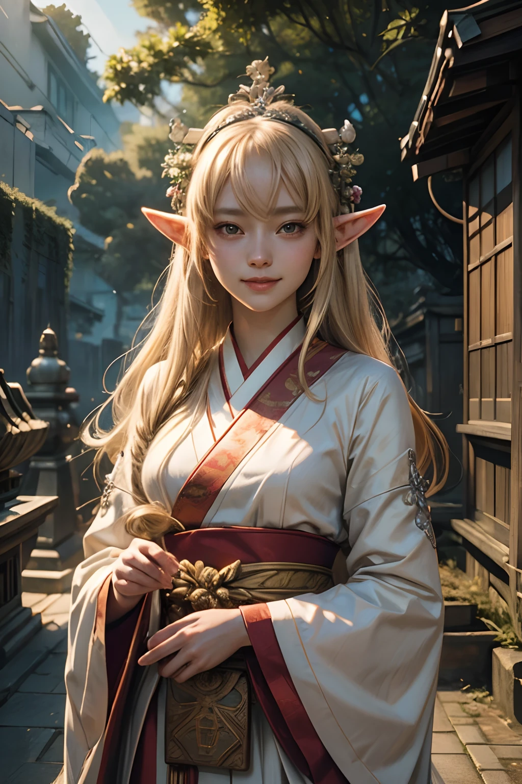 art by katsuya terada, art by range murata, art by akiman, art by JUNNY, portrait of cute and beautiful slender girl with a smile, Realistic skin texture, long elven ears, Elf Tiara, Loose-fitting Japanese shrine maiden costume in white and red, Long beautiful blonde hair, In the Precincts of the shrine, cinematic lighting, highly detailed, ray tracing, digital painting, concept art, smooth, sharp focus, illustration, 8k