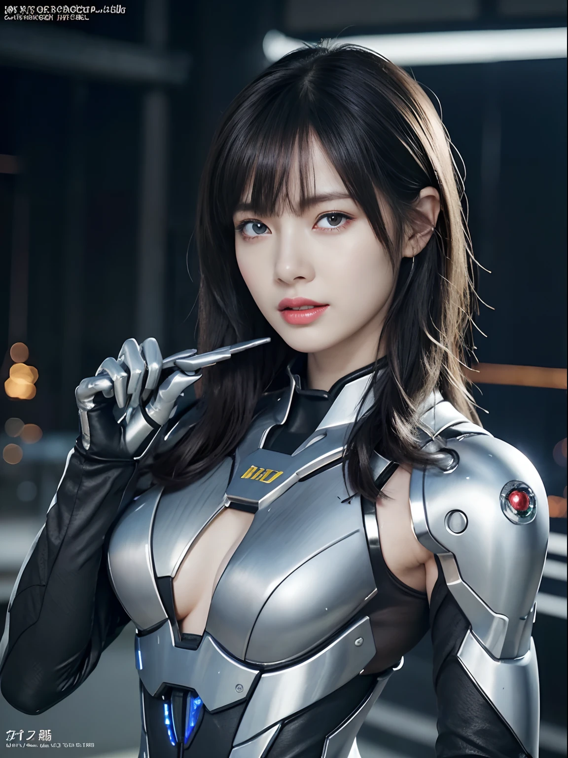 （Fight against mechanical robot soldiers）、top-quality、​masterpiece、超A high resolution、(Prostitute Sexy Pose),（Wearing a futuristic transparent sun visor）、(Photorealsitic:1.4)、Raw photo、1人、Black hair、glowy skin、((1 Mechanical Girl))、((super realistic details))、portlate、（Small LED lamp）、Wire tubes that glow all over the body、globalillumination、Shadow、octan render、8K、Armpit、ultrasharp、Colossal tits、Small LED lamp、Raw skin is exposed in cleavage、metals、blood vessels connected to tubes、Red bodysuit、Armpit、Cyberpunk city background、Details of complex ornaments、Japan details、highly intricate detail、Realistic light、CGSoation Trends、Blue eyes、radiant eyes、Facing the camera、neon details、（Helmet of the Brave）、Mechanical limbs、blood vessels connected to tubes、Mechanical vertebrae attached to the back、mechanical cervical attaching to neck、Wires and cables connecting to the head、Gundam、Small LED lamp、Toostock、Toostock、