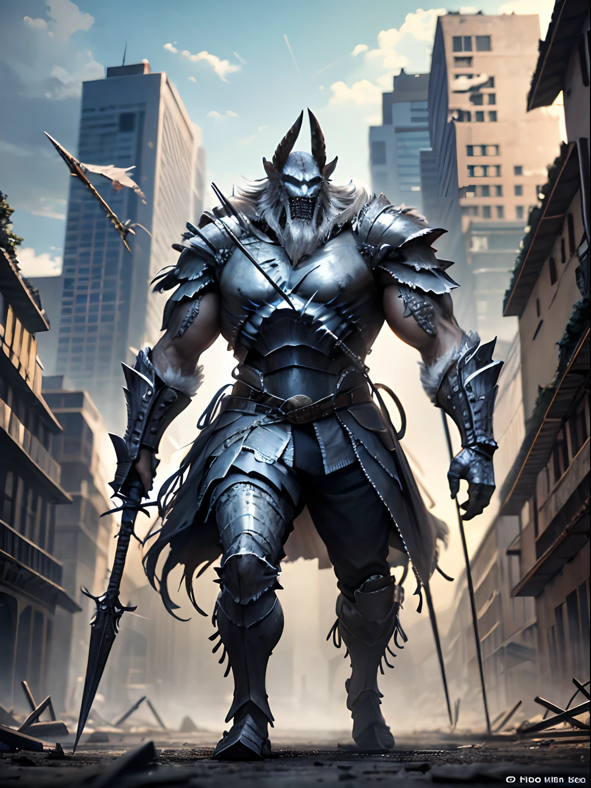 The monster knight roared as he stood in the ruins of the city with a spear in hand,((RAW photogr)), ((tmasterpiece)), absurderes, A high resolution, Ultra detailed,8K