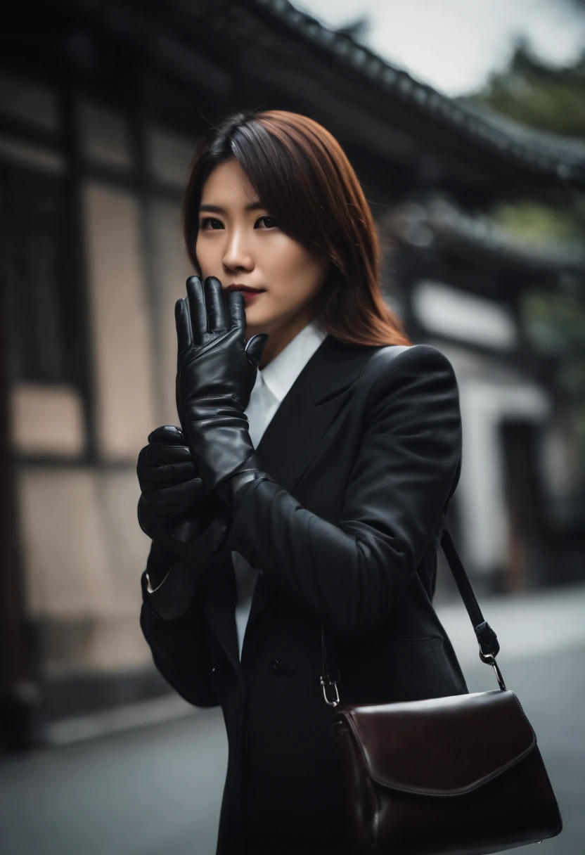 Business suits Black leather gloves long boots Face-to-face Young japanese lady Report on your smartphone