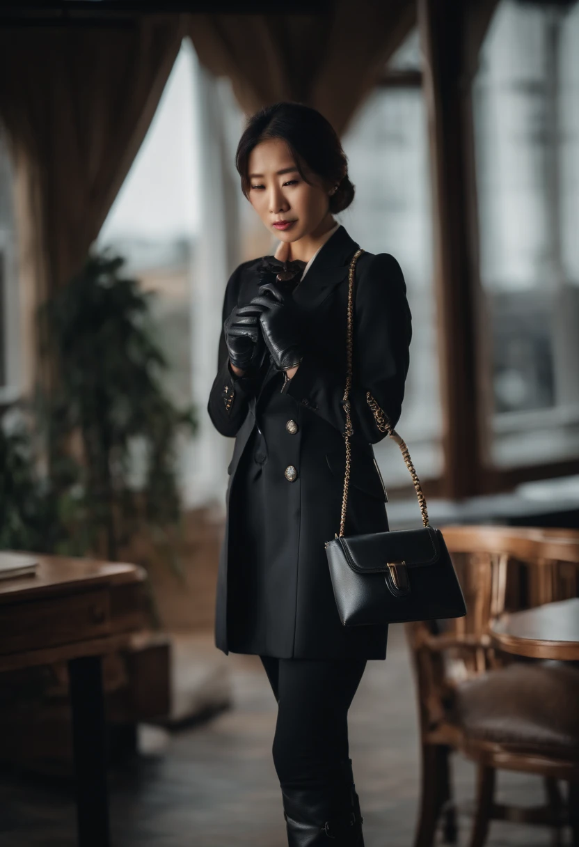 Business suits　Black leather gloves　long boots　Face-to-face　Young japanese lady　Report on your smartphone
