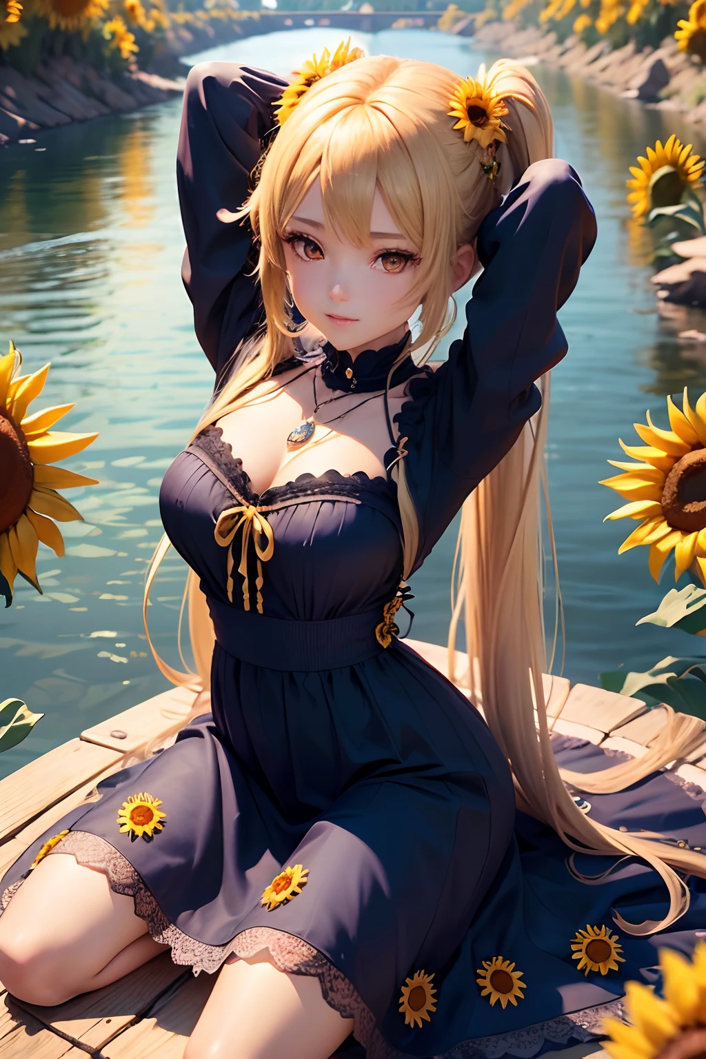 ( absurdly , High quality , ultra-detailliert ) ,( Hand Detail ) , 1girl in, Solo, Very long hair, (((Prone))) , Beautiful crystal eyes ( eye detailed ) barroco, Necklace, Blue long dress, Long sleeve, Elegant, Colorful, highest details, full bodyesbian , (((With the river and sunflowers))),Smooth Anime CG Art, Rin,render of a cute 3d anime girl,Stretching clouds in the distance,,Blonde twintails、Cool,ssmile