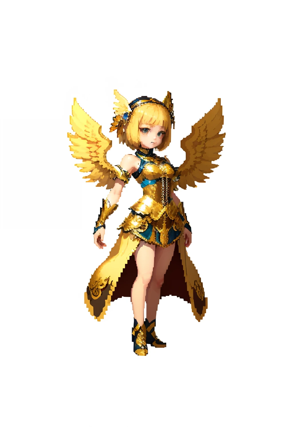 (master-piece, top-quality, beste-Qualit), Pixels, pixel art, 1girls, full,It has golden wings.,White background