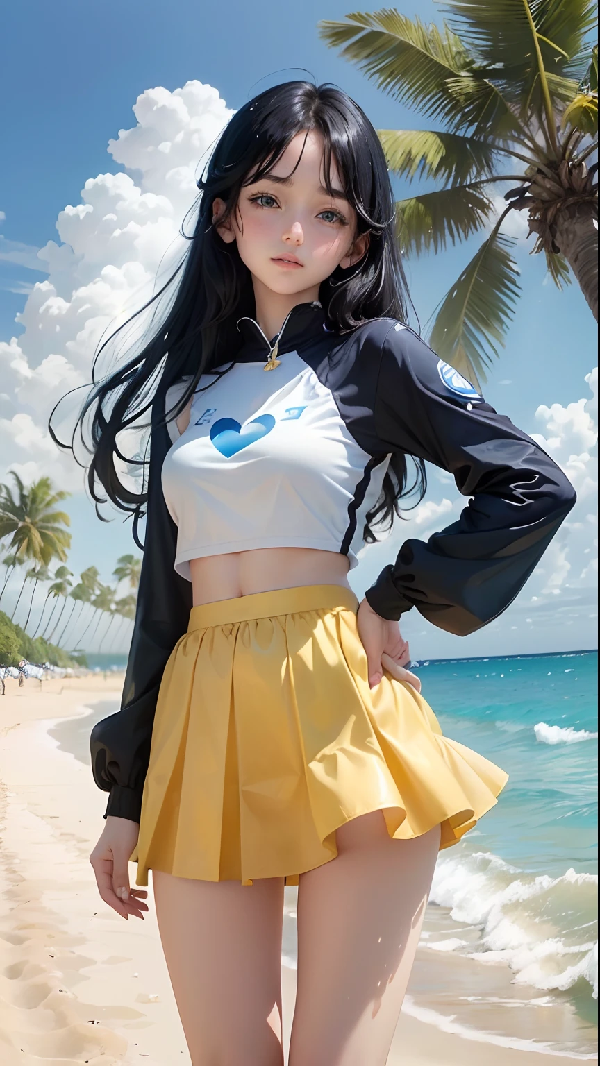 art by Cornflower, dreamy, (A beautiful, aged, anime-style girl with blue eyes and long, black hair, wearing a pale yellow, shiny, long-sleeved, open-chest, long skirt swimming suit with a pink, white, and yellow, heart on it is posing with her hands on her hips, in front of a beach and a bright, blue sky with clouds in it, there are palm trees in the background on both sides of the picture, and there are lots of blue and yellow fish swimming in the ocean, and there is a police helicopter with lights on it flying over the girl)