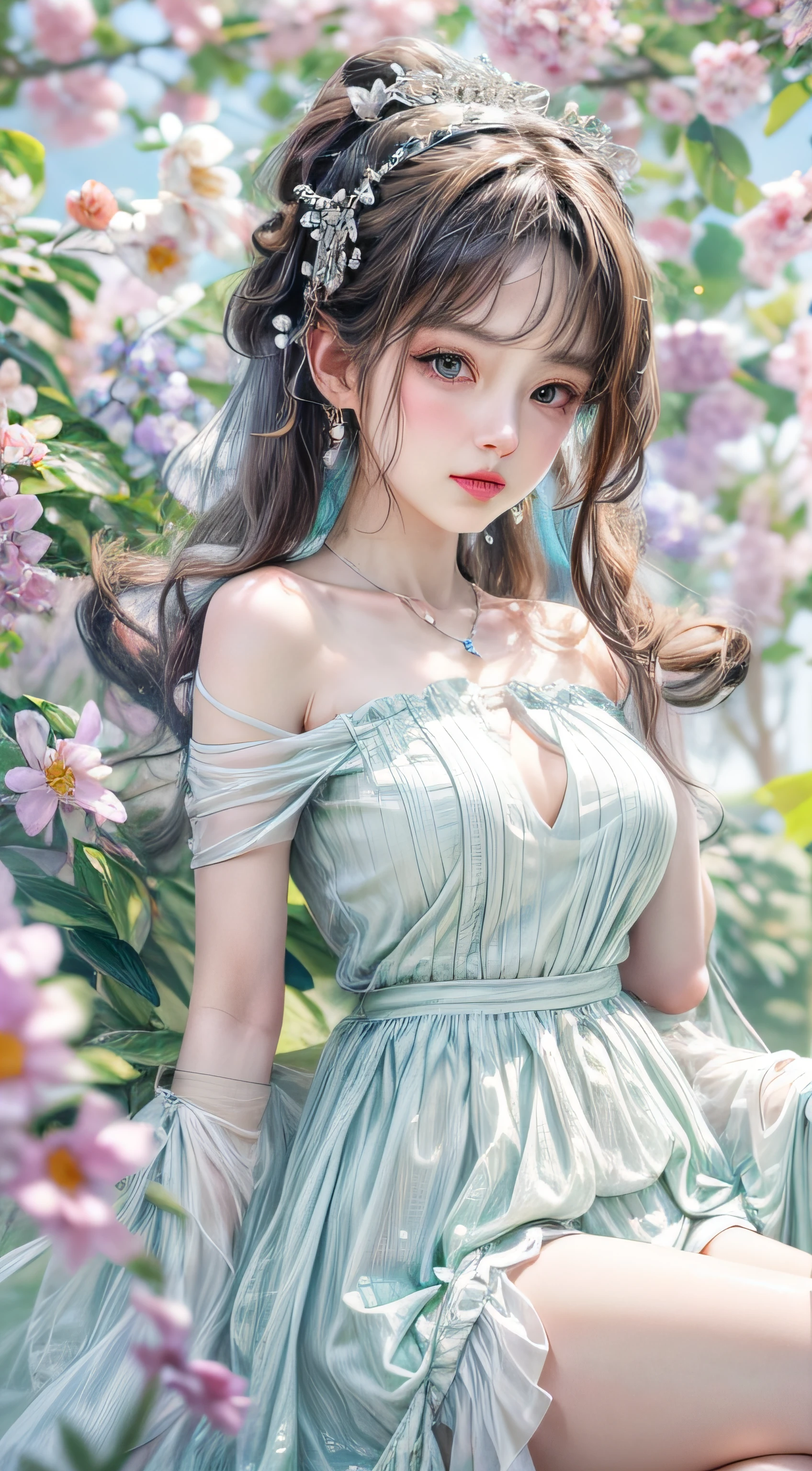 (enchanced quality:1.4),Top quality true texture skin), Delicate face, Masterpiece, Best quality,1girll,milf,:D,sexy pose,huge breasts,The girl lifted her skirt,Walk barefoot through the flowers,White and tender skin, kawaii,Solo,(clear,see through:1.3), off shoulder dress clothes, Crystal hair accessories, necklace, A masterpiece, Ultra detailed, absurderes, an award winning photograph,Dynamic lighting, Faraway view,The art of fine details,epic art, Exquisite composition, Dynamic composition,hyper HD, 16k