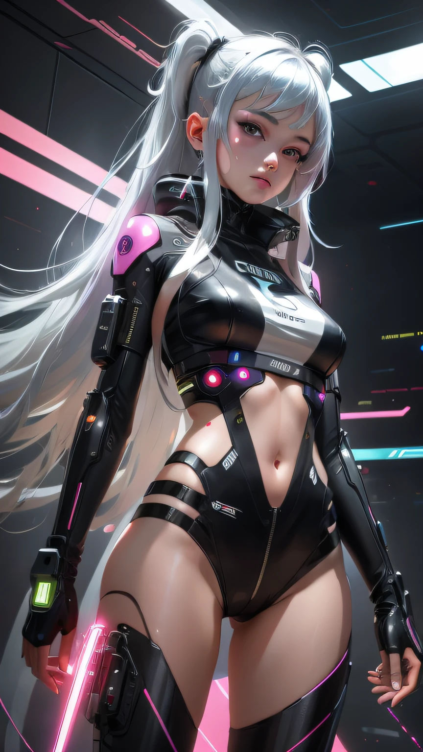 cybernized girl with cyberpunk prosthetics in single underpants, long hair, Spaceship inside, futuristic style, Sci-fi, hyper detailed, laser in center, laser from the sky, energy clots, photorealism, hyper realism, acceleration, light flash, speed, painting, 8K, HD, super resolution , Cinematic, Long Exposure, 8K, HD, Super-Resolution, Laser