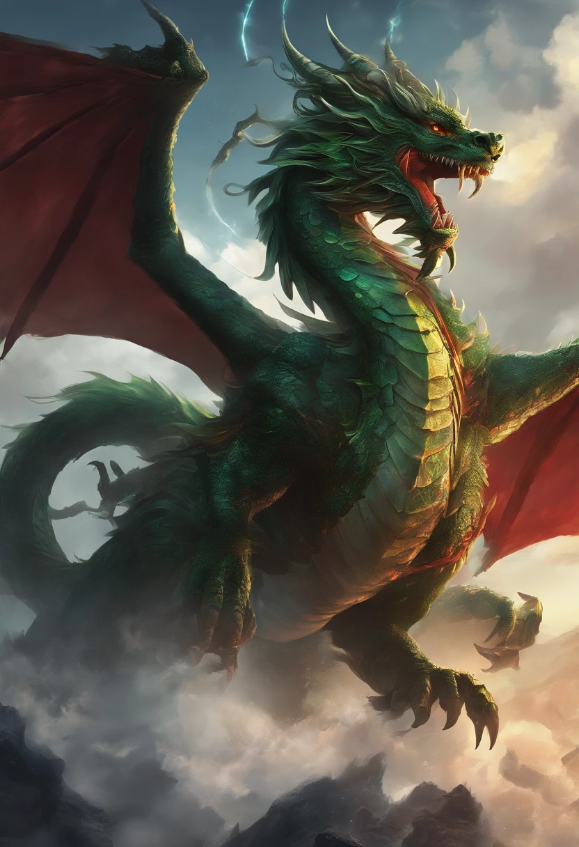 China-style,Chinese mythology,Green Dragon,tosen,Ferocious,gargantuan,The eyes glow red,Glow effects,surrounded by cloud,中景 the scene is,Full body like, highly detailed surreal vfx,oc rendered, - AR 16:9 --q 2 --s 1000