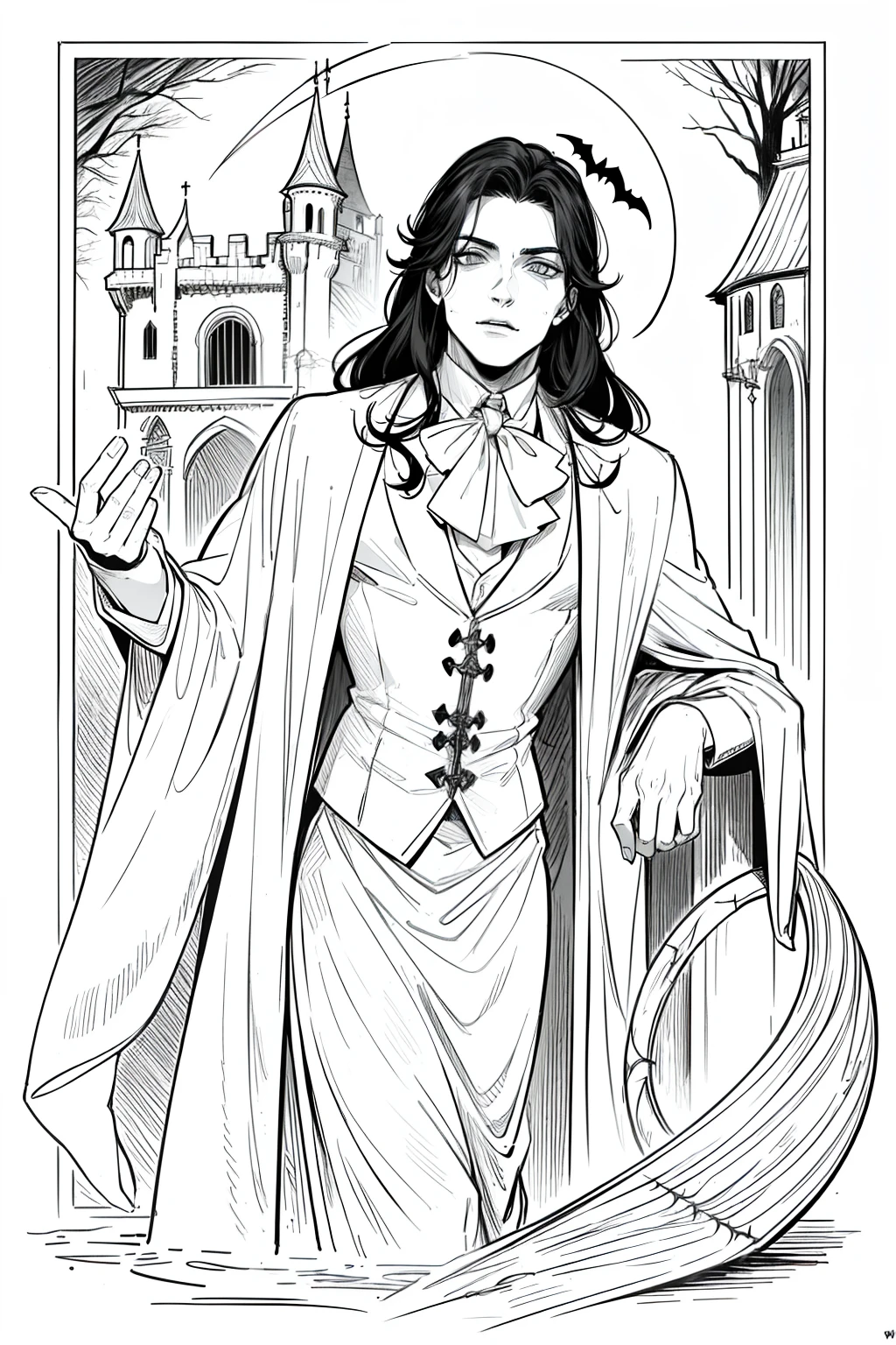 Obra maestra, superlativo, young vampire male very masculine, solamente, Halloween , castle fondo blanco, monocromo, line drawing, ((bosquejo)), spooky, spooky Halloween , white eyes,