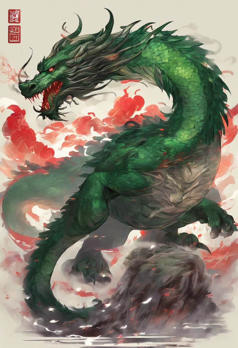 China-style，Chinese mythology，Green Dragon，tosen，Ferocious，gargantuan，The eyes glow red，Glow effects，surrounded by cloud，中景 the scene is，Full body like， highly detailed surreal vfx，oc rendered， - AR 16:9 --q 2 --s 1000
