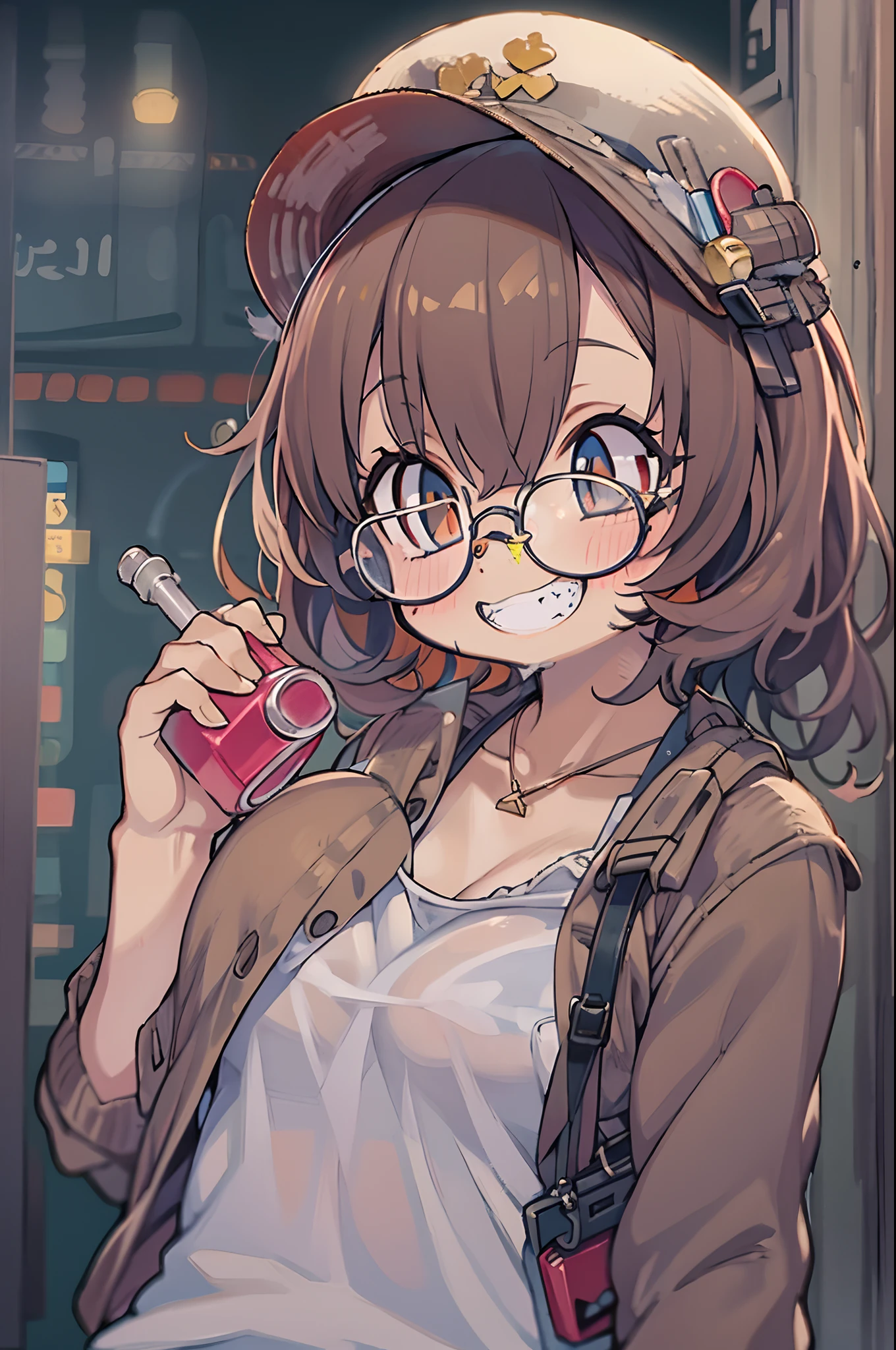 masutepiece, Best Quality, 1girl in, Sharp eyes, Smile,rocket launcher、big round glasses,Camisole、Jagged teeth