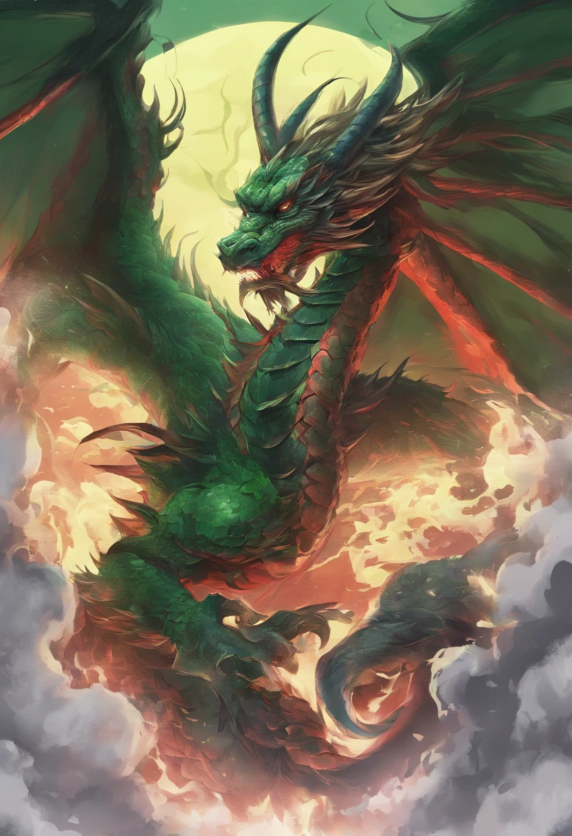China-style,Chinese mythology,Green Dragon,tosen,Ferocious,gargantuan,The eyes glow red,Glow effects,surrounded by cloud,中景 the scene is,Full body like, highly detailed surreal vfx,oc rendered, - AR 16:9 --q 2 --s 1000