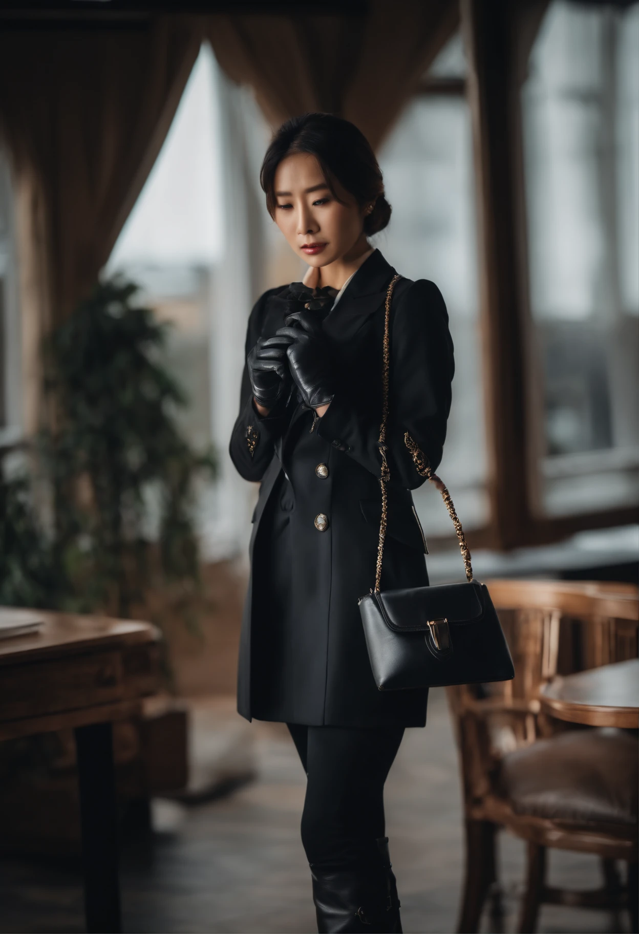 Business suits　Black leather gloves　long boots　Face-to-face　Young japanese lady　Report on your smartphone
