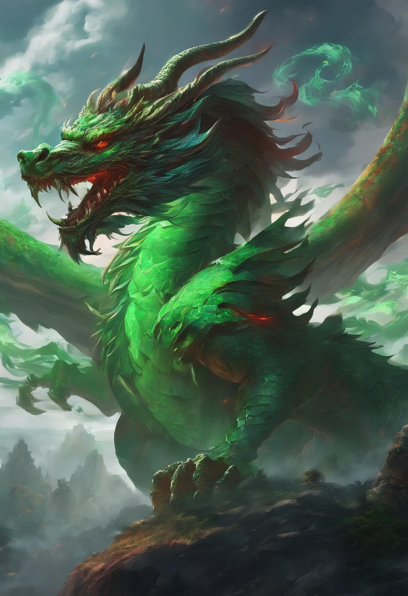 China-style,Chinese mythology,Green Dragon,tosen,Ferocious,gargantuan,The eyes glow red,Glow effects,surrounded by cloud,中景 the scene is,Full body like, highly detailed surreal vfx,oc rendered, - AR 16:9 --q 2 --s 1000