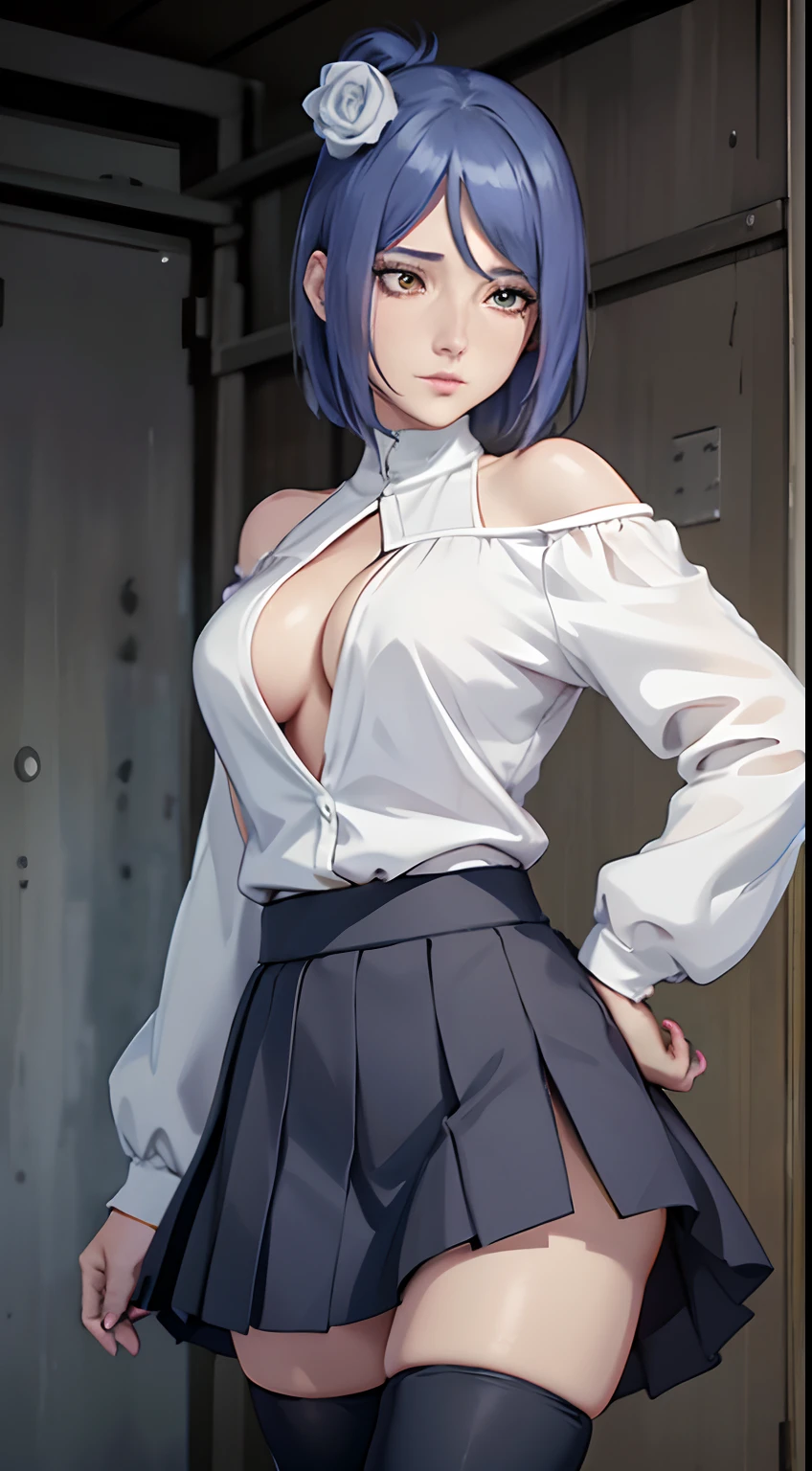 (8K,RAW Photos),(best qualtiy),(tmasterpiece),(realisticlying,)(Photorealistic and realistic),(hight resolution),Hyper-detailing,(hentail realism:1.1),beauitful face,
(1womanl:1.1),female pervert,(looking at viewert),cowboy lens,jpn,
Hsiaonan\(Naruto\),(White blouses)、La Brett Pearce,cleavage,Off-the-shoulder clothing,embarassed expression、
darkblue hair,
profetional lighting、photon maping、physically-based renderingt、
Dark theme,(((lift up one's skirt)))、((a miniskirt))、((thigh-high socks))