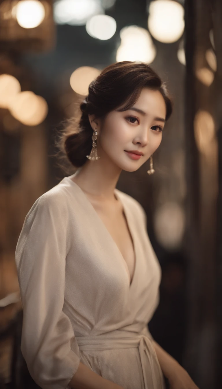 A Japanese Lady, (masutepiece, Beautiful person), Slim waist, Slim body.top-quality、8k、masterpiece:1.3))、1girl in、a smile、full bodyesbian、Slim Faces、Pretty women、(dark brown hair)、Black long sleeve long dress:1.1、hyperdetailed face、A detailed eye、二重まぶた、blured background、Slim Faces、D Cup、takeout、a street、japanes、25Old Female、Slim body shape