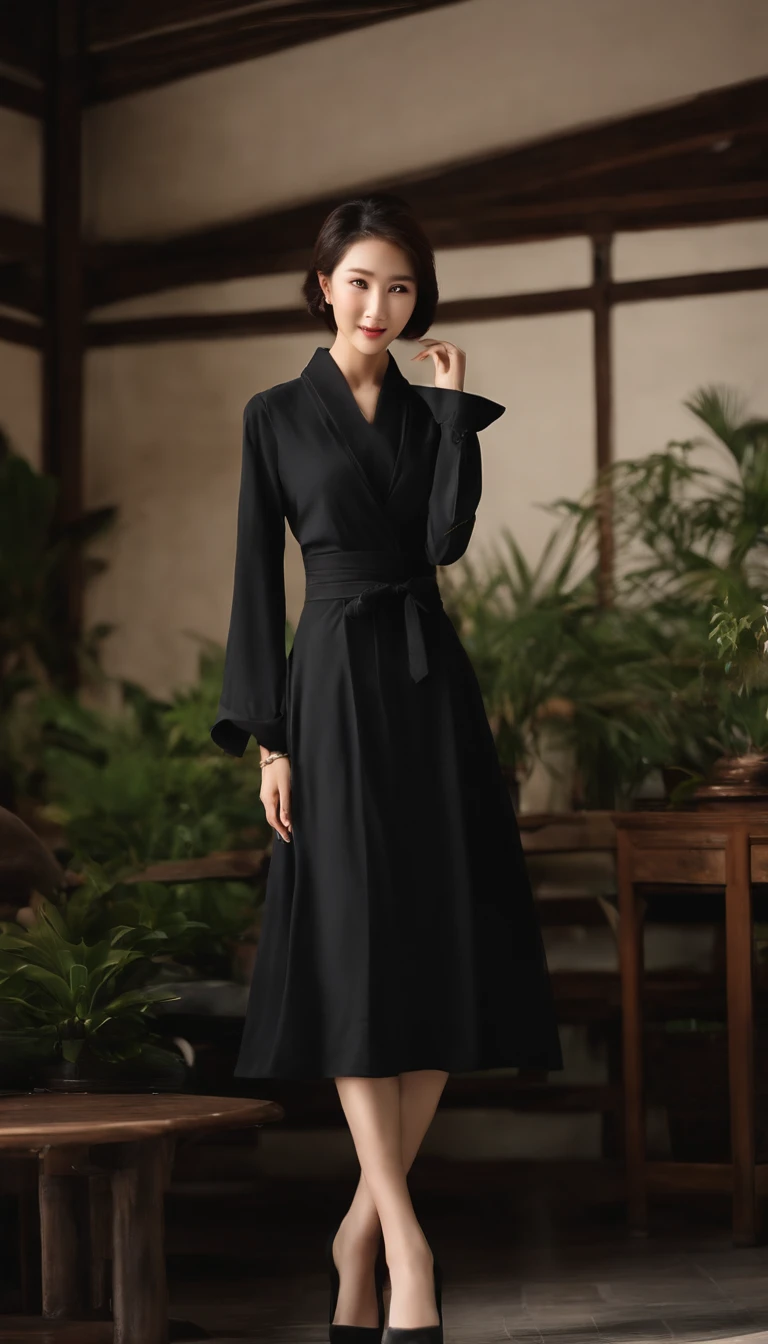 A Japanese Lady, (masutepiece, Beautiful person), Slim waist, Slim body.top-quality、8k、masterpiece:1.3))、1girl in、a smile、full bodyesbian、Slim Faces、Pretty women、(dark brown hair)、Black long sleeve long dress:1.1、hyperdetailed face、A detailed eye、二重まぶた、blured background、Slim Faces、D Cup、takeout、a street、japanes、25Old Female、Slim body shape