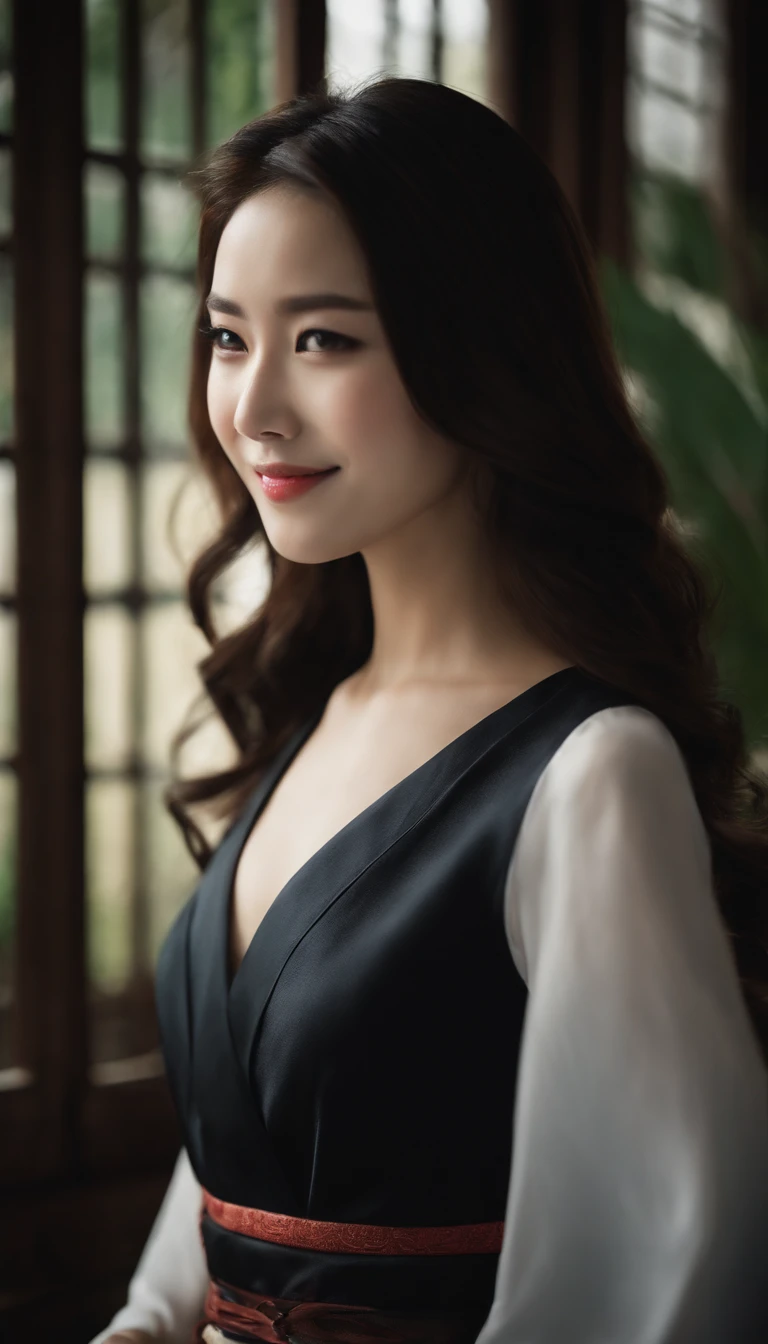 A Japanese Lady, (masutepiece, Beautiful person), Slim waist, Slim body.top-quality、8k、masterpiece:1.3))、1girl in、a smile、full bodyesbian、Slim Faces、Pretty women、(dark brown hair)、Black long sleeve long dress:1.1、hyperdetailed face、A detailed eye、二重まぶた、blured background、Slim Faces、D Cup、takeout、a street、japanes、25Old Female、Slim body shape