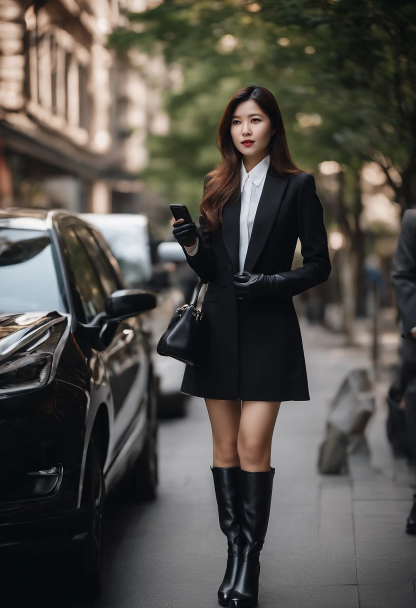 Business suits　Black leather gloves　long boots　Face-to-face　Young japanese lady　Report on your smartphone　bustup