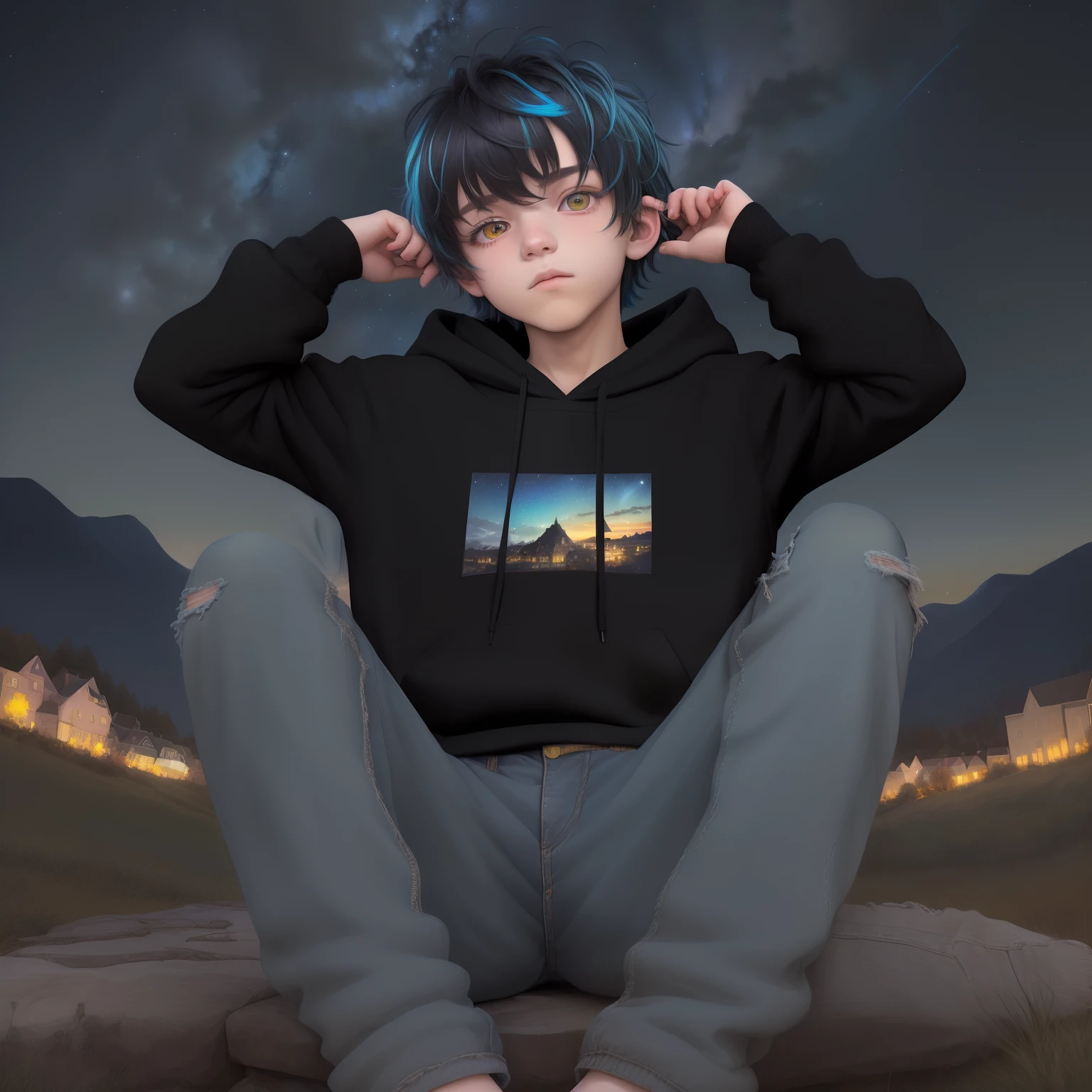 (masterpiece,top-quality) ((1 boy)),hairstyle on:Bob Hair,Cut your bangs,13years,cute little,Hair color:Mixed colors,Eye color:yellow,Background with:Starry sky,(natta),on a hill,sitting on,Looking up at the sky,Look up,Fantastical,garments:Black hoodie,Loose jeans