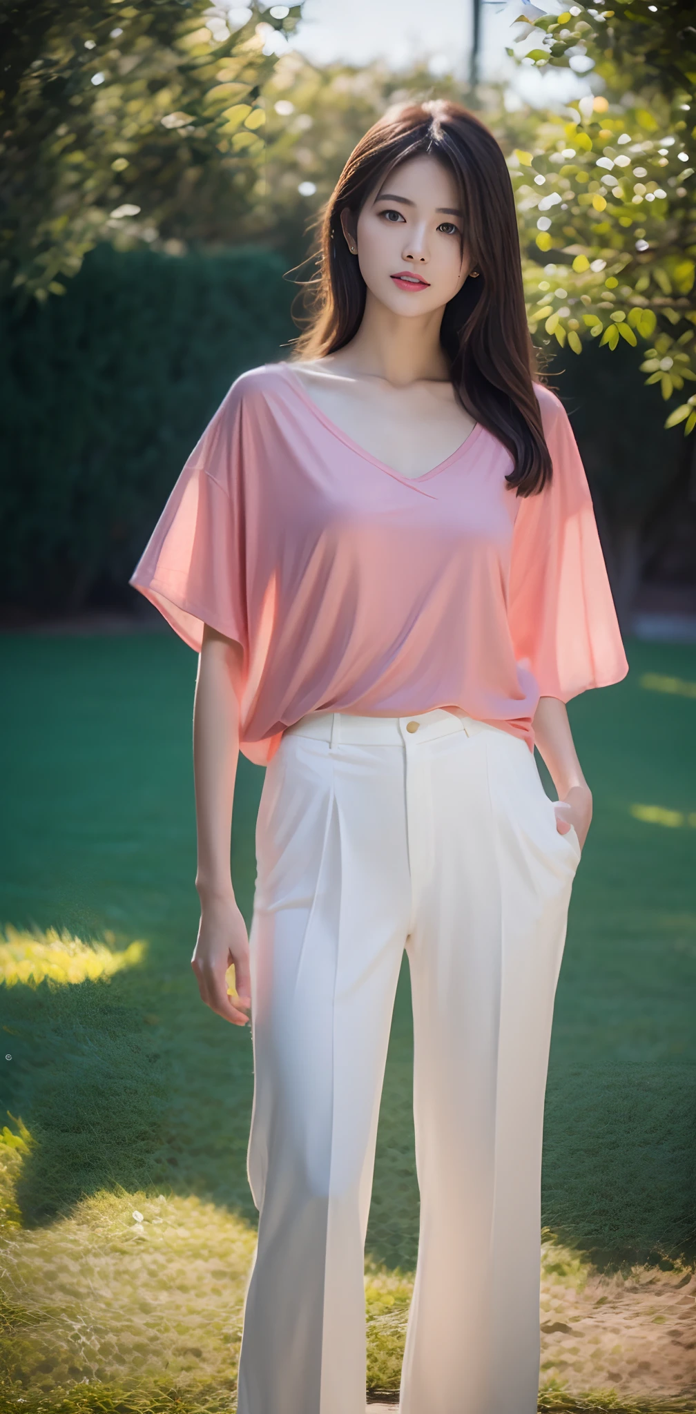 1 beautiful woman taking pictures on the grass of the villa，RAW photos，tmasterpiece，（highdetailskin：1.2），8k ultra high definition，digital SLR camera，gentlesoftlighting，high high quality，filmgrain，富士XT3，20 years old Asian woman，Wear simple clothes，T-shirt and white loose slacks（（（white wide-leg pants，cargo pants，casual pants））），Detailed clothing details:1.3，perfect body figure，Perfect breasts and nipple bulge，The legs are straight and slender，Branded stylish shoes:0.6，Super detailed facial details and skin，Fair pink face and skin，The skin is pink，with light glowing，二重まぶた，Super detailed eyes，(Gloss on lips, eyeslashes, Glossy face, Best quality, Super high resolution, warm color，Wide lighting, naturalshadow), Sexy, Full body shooting: 1.8