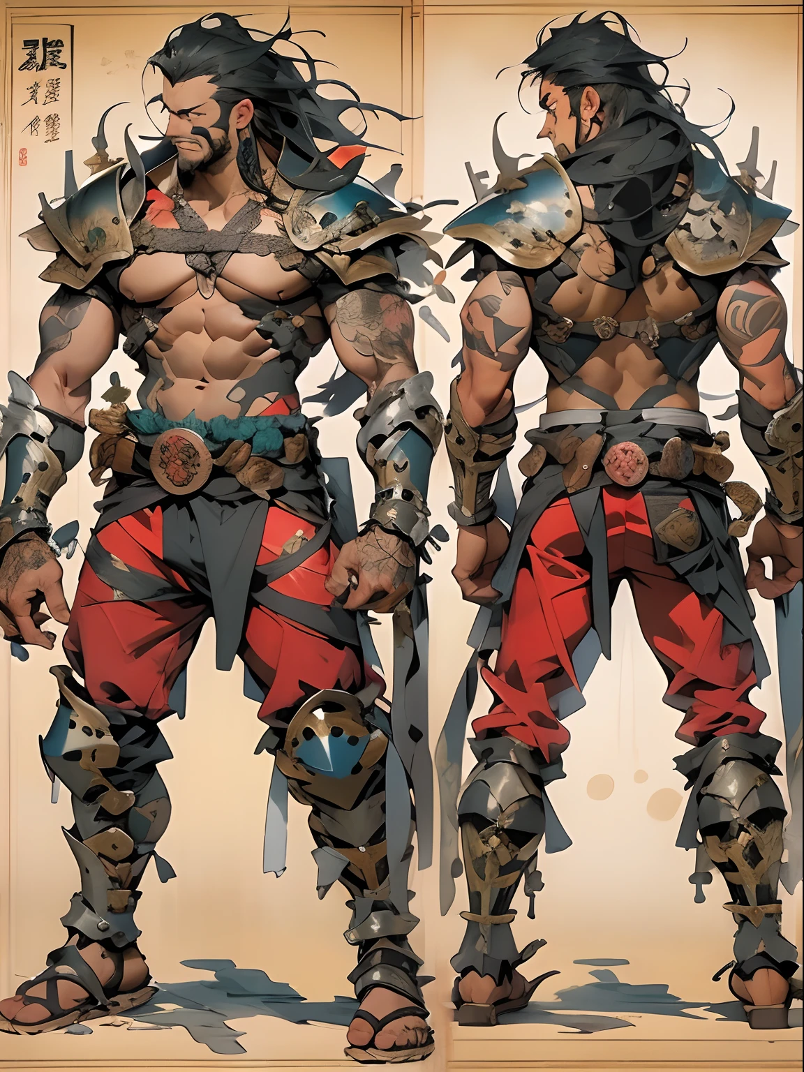 Crie sprites 2d de assets de um heroi, at various angles, he will be a mix of Hercules from Marvel Comics and Kratos from the God of War series of games, he wears a brown and red combat uniform, Coraggioso, determined, fair, but sometimes impetuous, 16K, best qualityer, fully body!