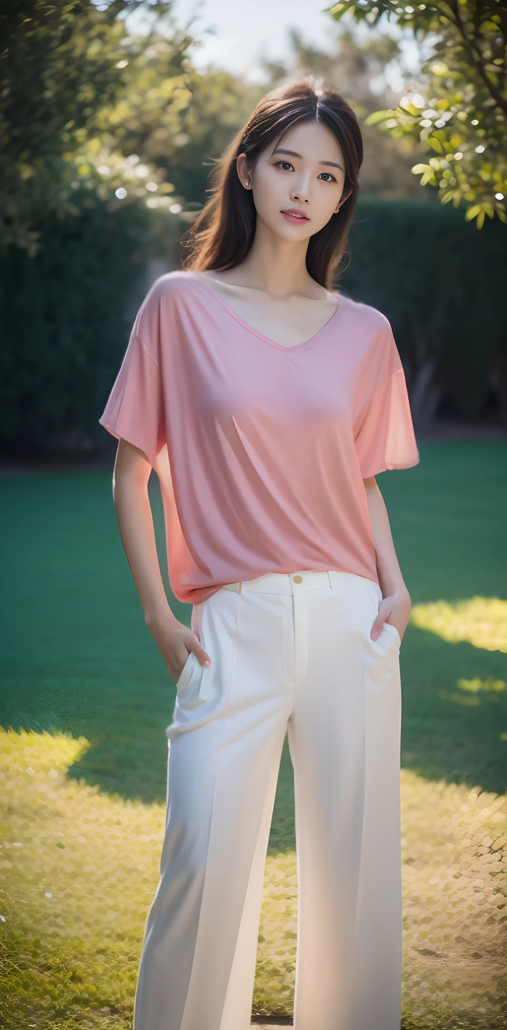1 beautiful woman taking pictures on the grass of the villa,RAW photos,tmasterpiece,(highdetailskin:1.2),8k ultra high definition,digital SLR camera,gentlesoftlighting,high high quality,filmgrain,富士XT3,20 years old Asian woman,Wear simple clothes,T-shirt and white loose slacks(((white wide-leg pants,cargo pants,casual pants))),Detailed clothing details:1.3,perfect body figure,Perfect breasts and nipple bulge,The legs are straight and slender,Branded stylish shoes:0.6,Super detailed facial details and skin,Fair pink face and skin,The skin is pink,with light glowing,二重まぶた,Super detailed eyes,(Gloss on lips, eyeslashes, Glossy face, Best quality, Super high resolution, warm color,Wide lighting, naturalshadow), Sexy, Full body shooting: 1.8