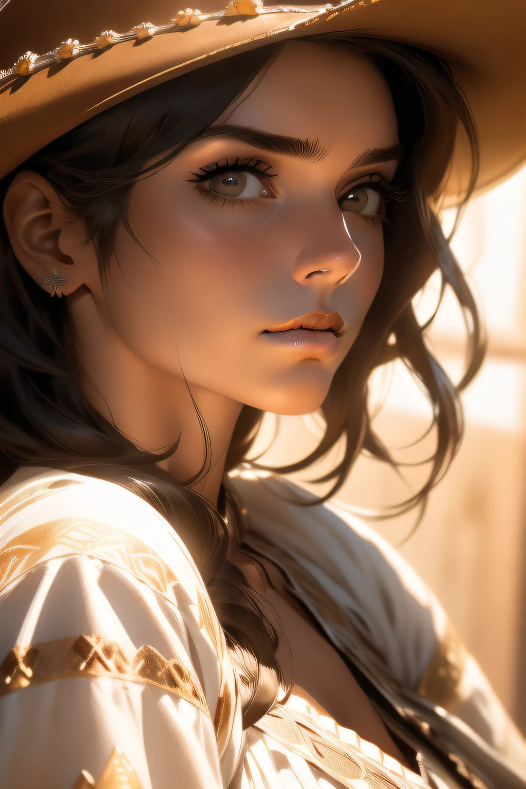 obra-prima, melhor qualidade, (fotorrealista:1.4), standingn, (close-up:), retrato, ((western, cowboy)), mulher, seios grandes, loira, cabelo cacheado, rosto detalhado, rosto perfeito, (completamente nu: 1.1), (kalap),
