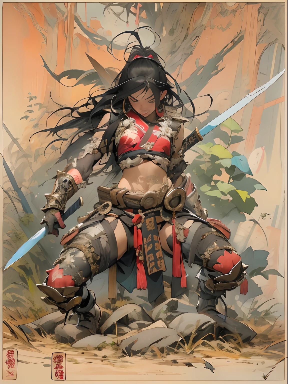 (((woman))), (((best qualityer))), (((tmasterpiece))), (((AS-Adult))), ((( Japanese ))), Look up from your knees, A beautiful asian samurai woman with perfect body, Modern samurai, ((( Asian))), Wear gloves on your hands,The left arm is made of steel and metal tips,Made of protective devices, The eyes are pulled, (( Appears below the breast )), (( Small dental floss )), Simon Bisley, Almost naked(Simon Bisley)Castle City Wilderness,For high-resolution posters, hair straight, Minimum clothing, armure (Crazy clothes ), Full of tips and rivets, tribal tattoos, (((full bodyesbian))), Straight brunette hair,Colored hair ends