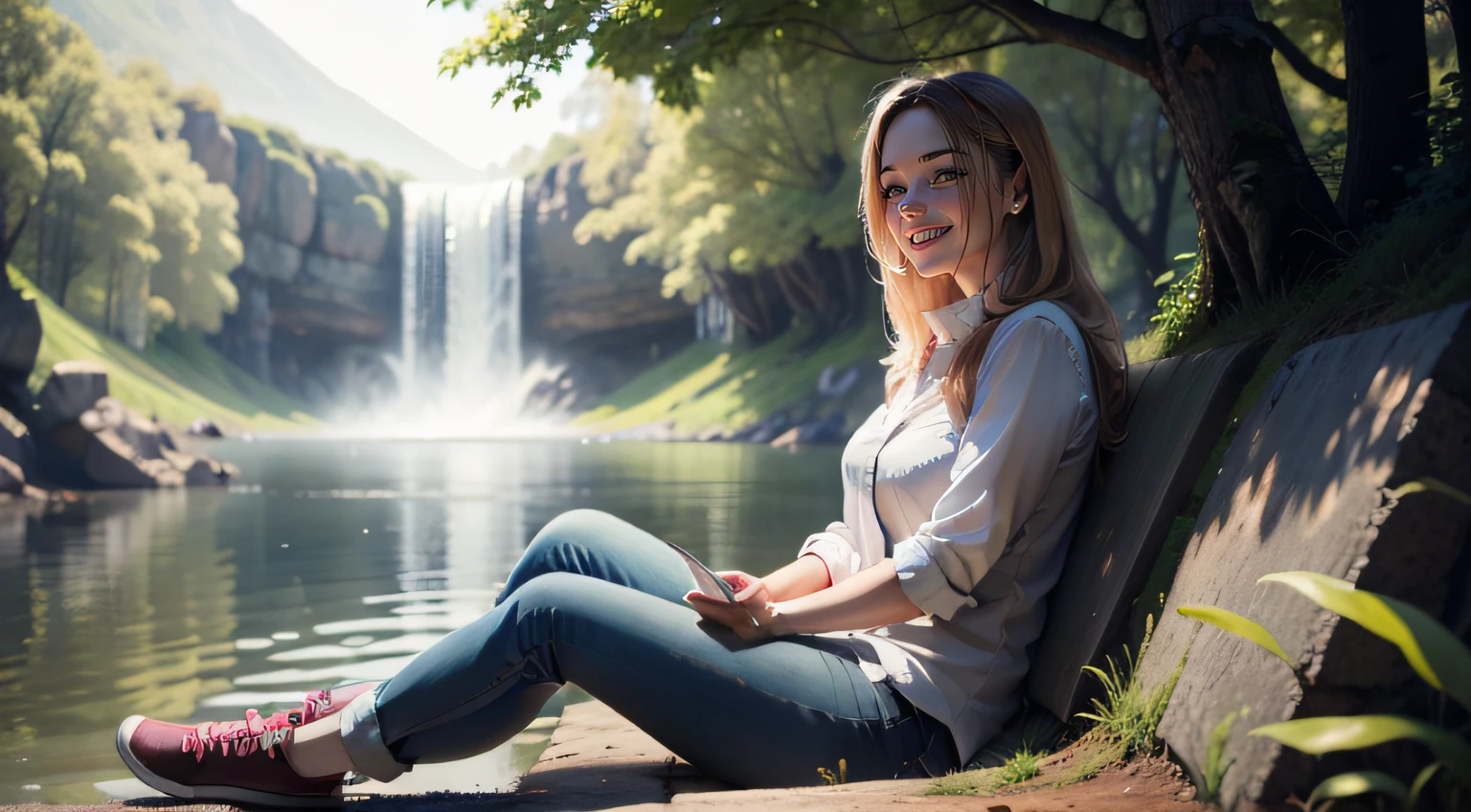 woman sitting in nature looking happy