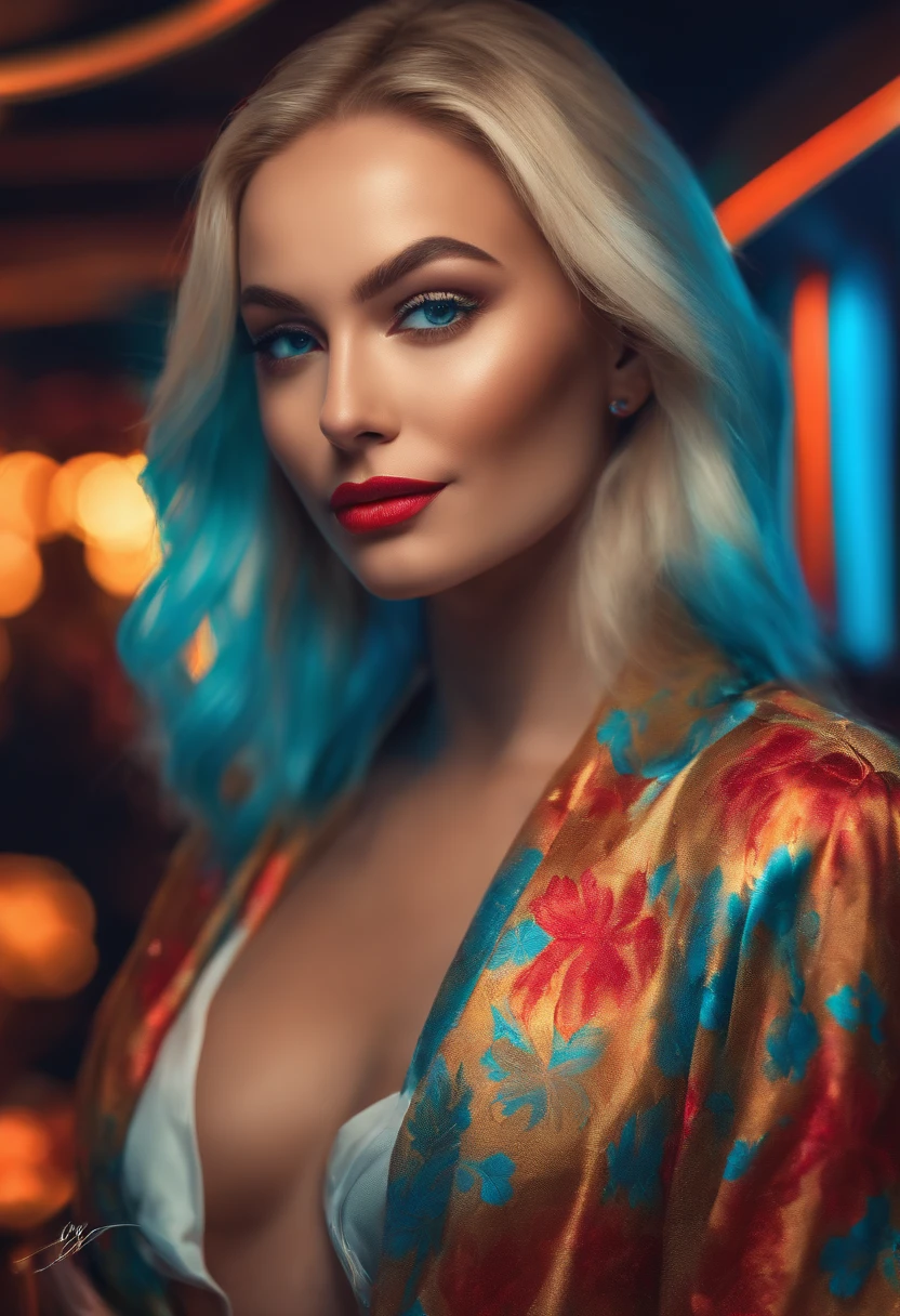 A vibrant female blonde influencer in the club, looking straight the camera, with her dynamic energy and charisma as the focal point, Digital art, vibrant colors and digital brushes, --ar 9:16 --niji
